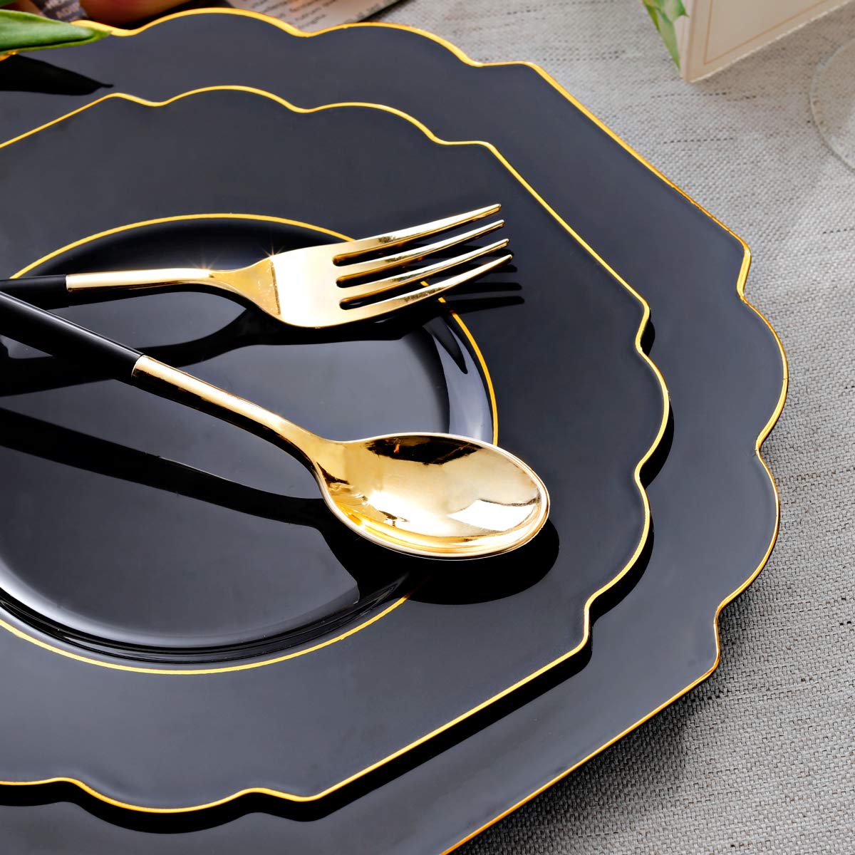Supernal 34-Piece Gold Plastic Silverware Set with Black Handles - Includes 30 Gold-Rimmed Black Dinner Plates & 30 Appetizer Plates - Elegant Disposable Cutlery for Parties, Weddings, Birthdays & Formal Events