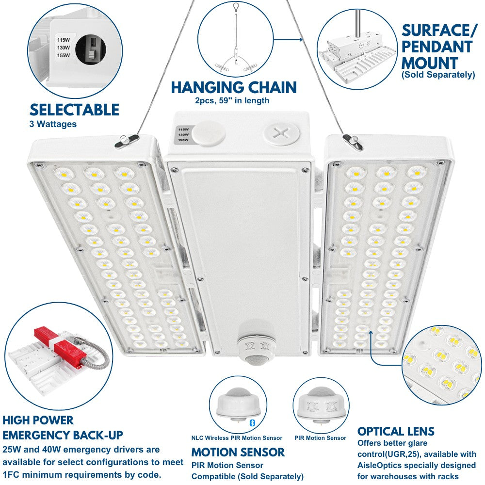 PAVO II LED High Bay Light 155W - 3 Watts Selectable, 22,750 Lumens, 277-480V, 5000K/4000K Color Temperature - Energy Efficient Replacement for 400W Metal Halide - Perfect for Warehouses, Factories, and Industrial Spaces