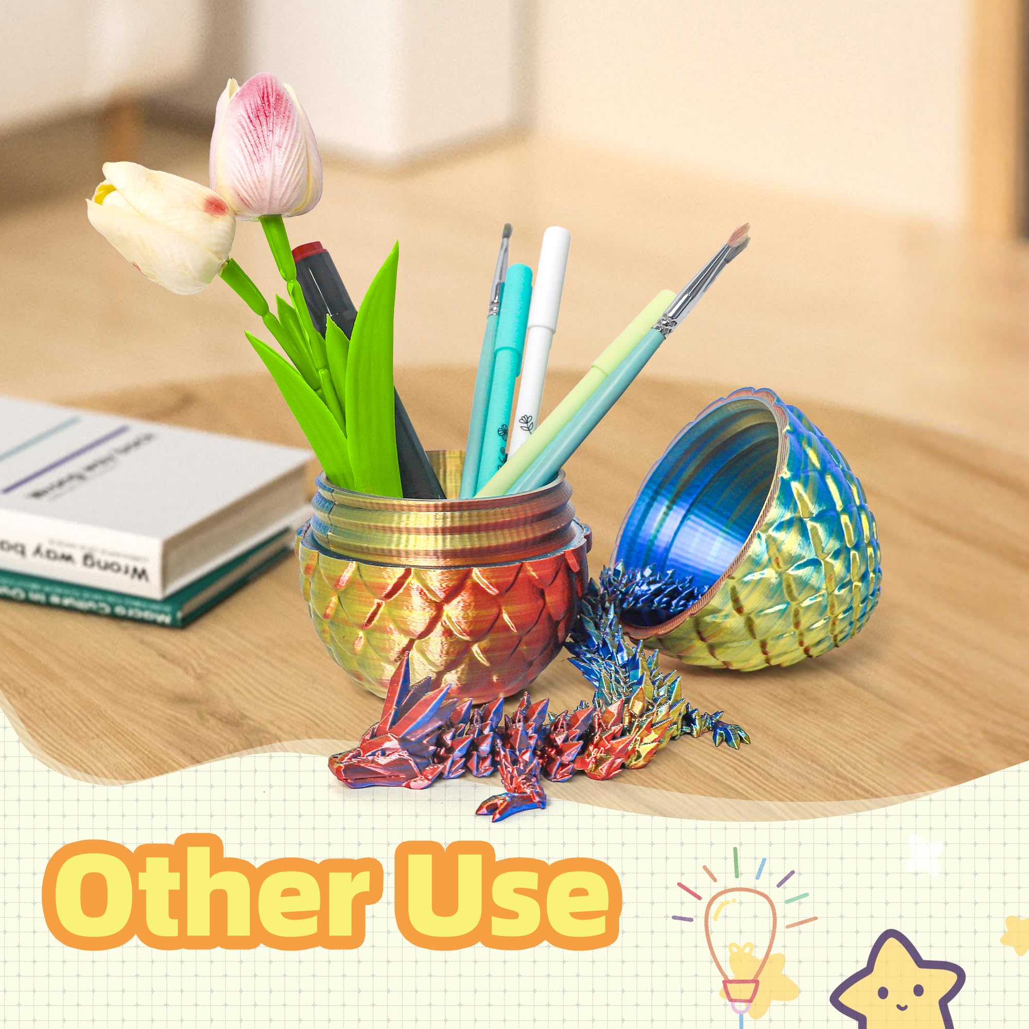 3D Printed Dragon Egg - Flexible Crystal Dino Toy for Easter, Birthday & Desk Decor (Gold Red Blue)