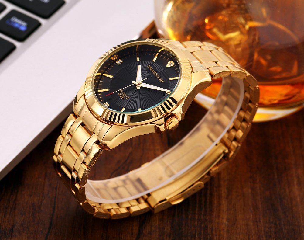 DREAMING Q&P Fq-005 Classic Gold Stainless Steel Men's Watch with Crystals - Luxury Dress Watch for Business, Formal Events & Gifts