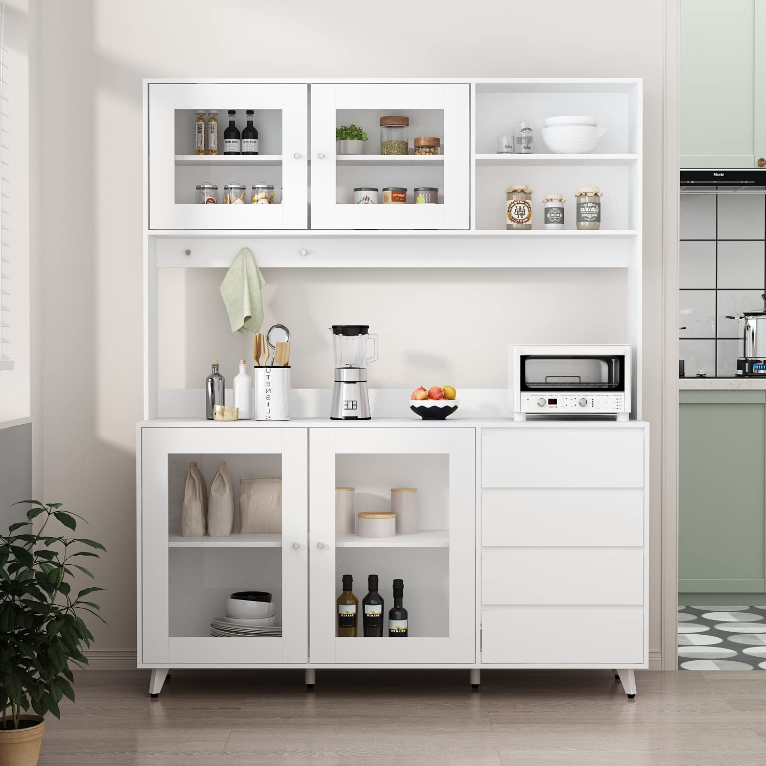 White Large Kitchen Hutch Cabinet with 4 Glass Doors & 4 Drawers - 63