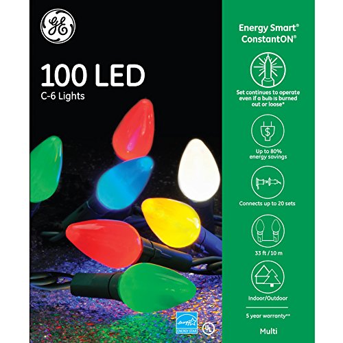 Energy Efficient GE 100-Count Multicolor C6 LED Copper Wire Christmas Lights - Indoor/Outdoor Holiday Decor for Tree, Window, Patio & Party