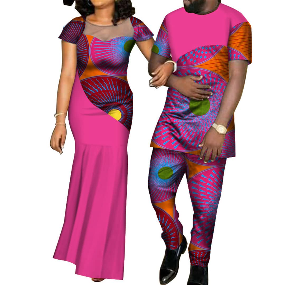African Print Dresses for Women & Bazin Men's Shirt Pants Sets - Matching Couple Outfits | Traditional Yarn Dress 24FS1094L for Weddings, Parties & Cultural Events