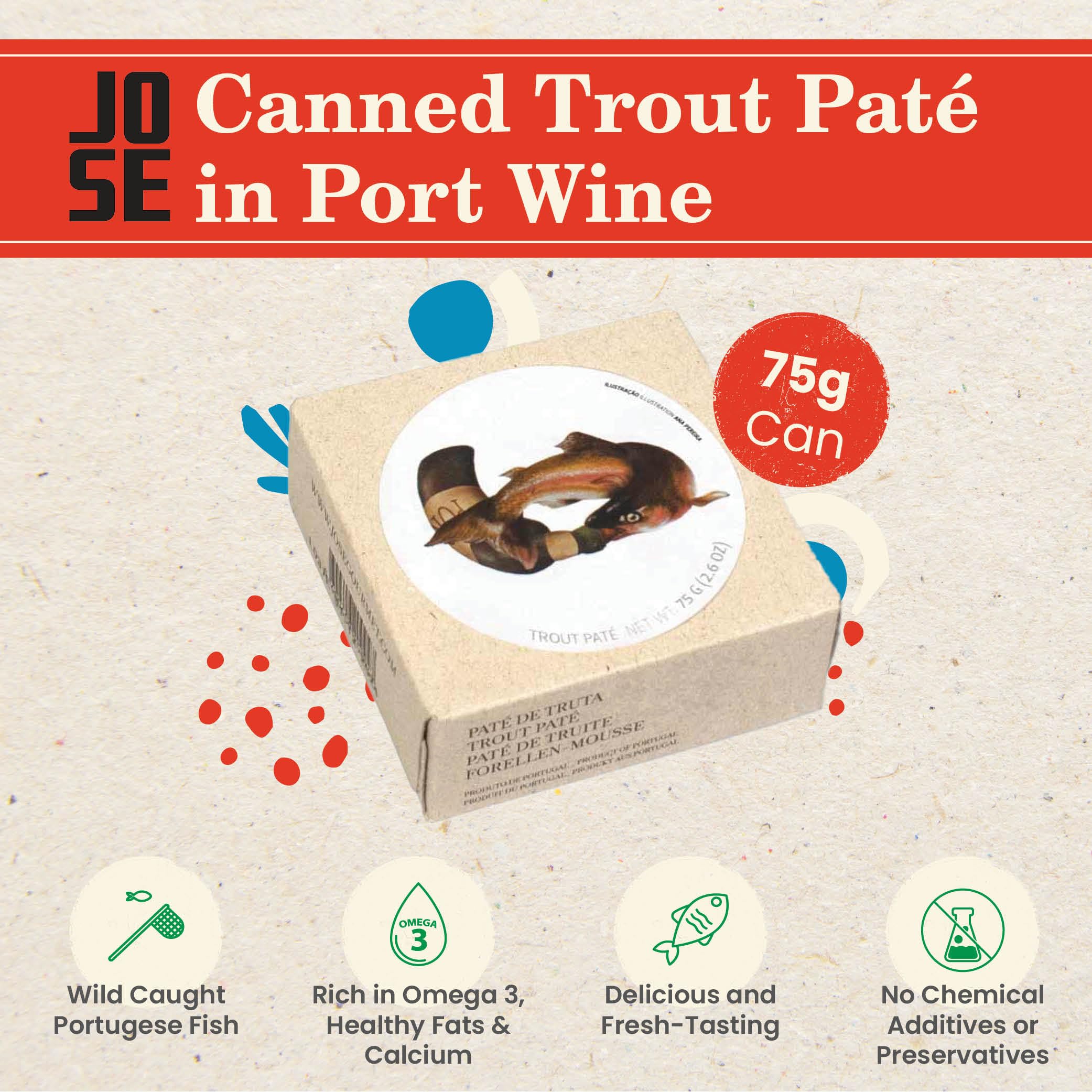Premium Wild Caught Portuguese Canned Trout Paté with Port Wine by Jose Gourmet - High Protein, Omega-3 Rich, Sustainable Seafood in 75g Can - Perfect for Charcuterie Boards, Gourmet Snacks & Healthy Meal Prep