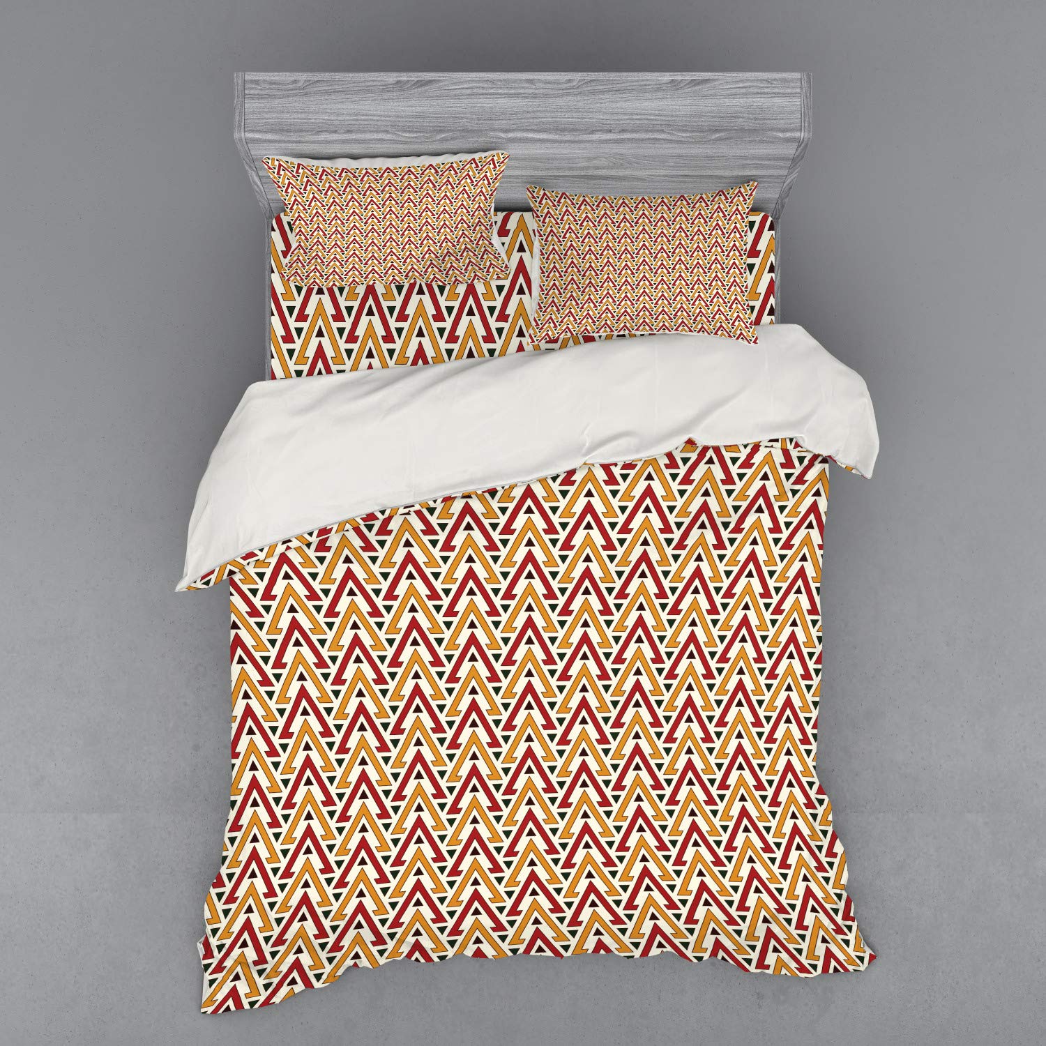 Ambesonne African Duvet Cover Set - Queen Size 4-Piece Bedding with 2 Pillow Shams & Fitted Sheet, Geometric Triangle Pattern in Vibrant Colors, Inspired by Oriental Motifs - Perfect for Bohemian & Eclectic Bedroom Decor
