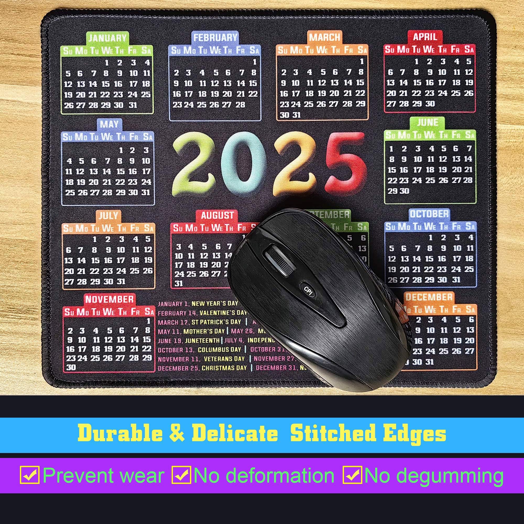 Premium Non-Slip Mouse Pad with Stitched Edges - 9.6x7.9x0.1 Inch Computer Mouse Mat with Rubber Base for Laptop & PC (2025 Calendar Black) - Perfect for Office, Gaming & Home Workspaces