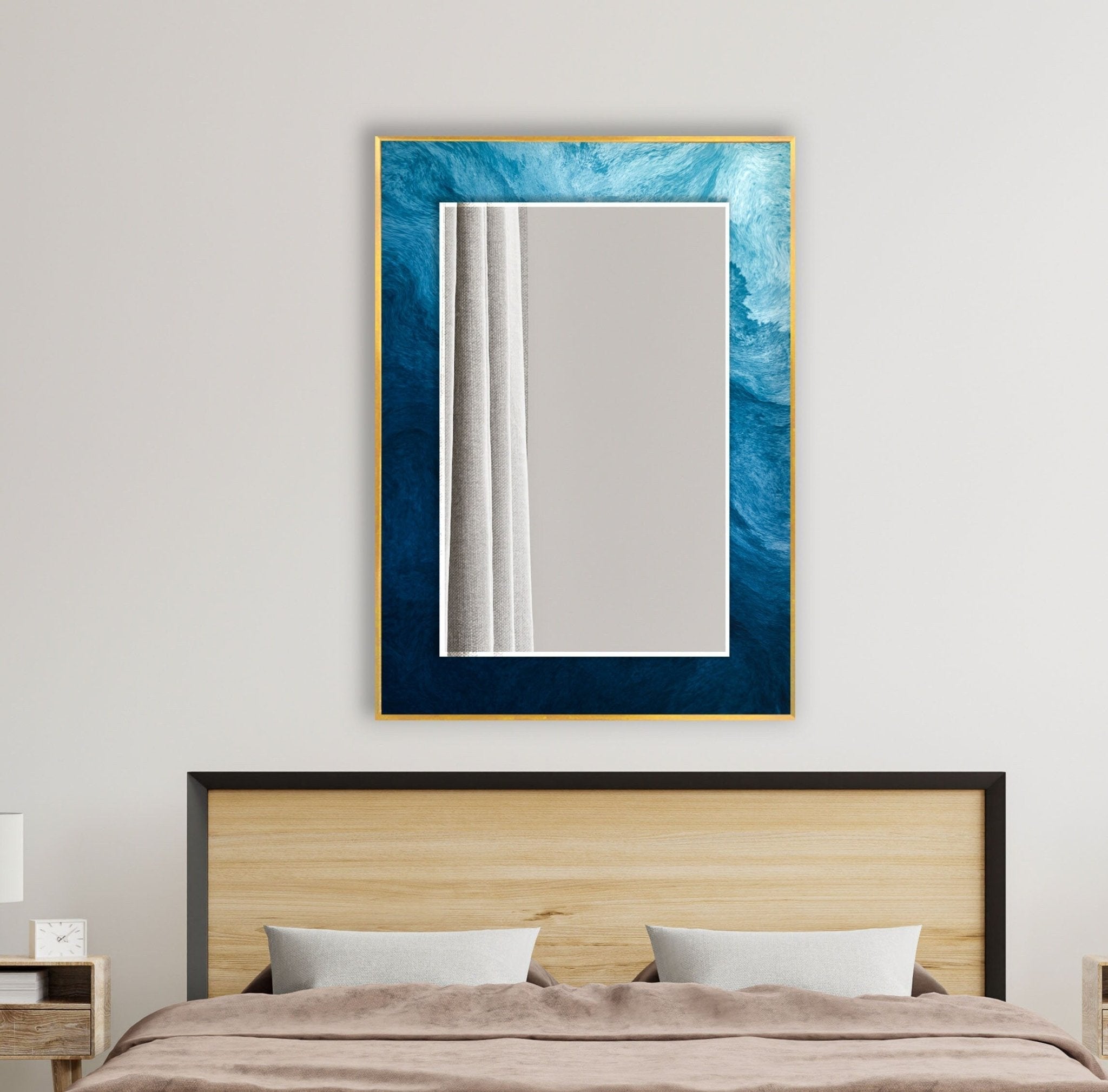 Abstract Blue Waves Wall Mirror - Modern Coastal Decor for Living Room, Bedroom & Bathroom - Handmade Glass Art for Home & Office Decor