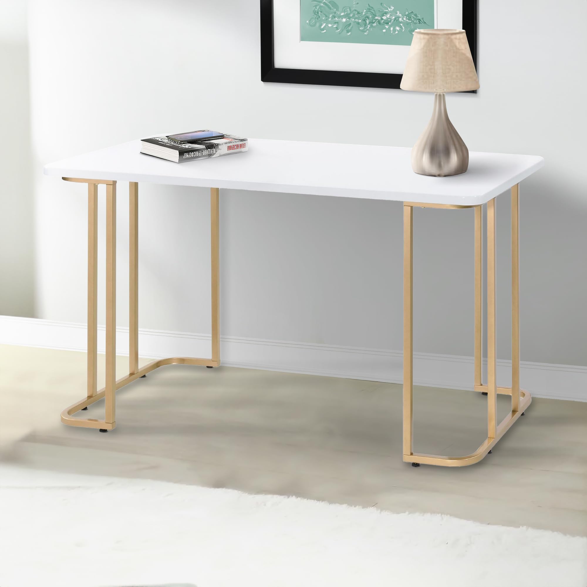 Benjara White Writing Desk with Metal Curved Sled Base & Floor Protectors - Modern Home Office Desk for Small Spaces, Study & Work from Home