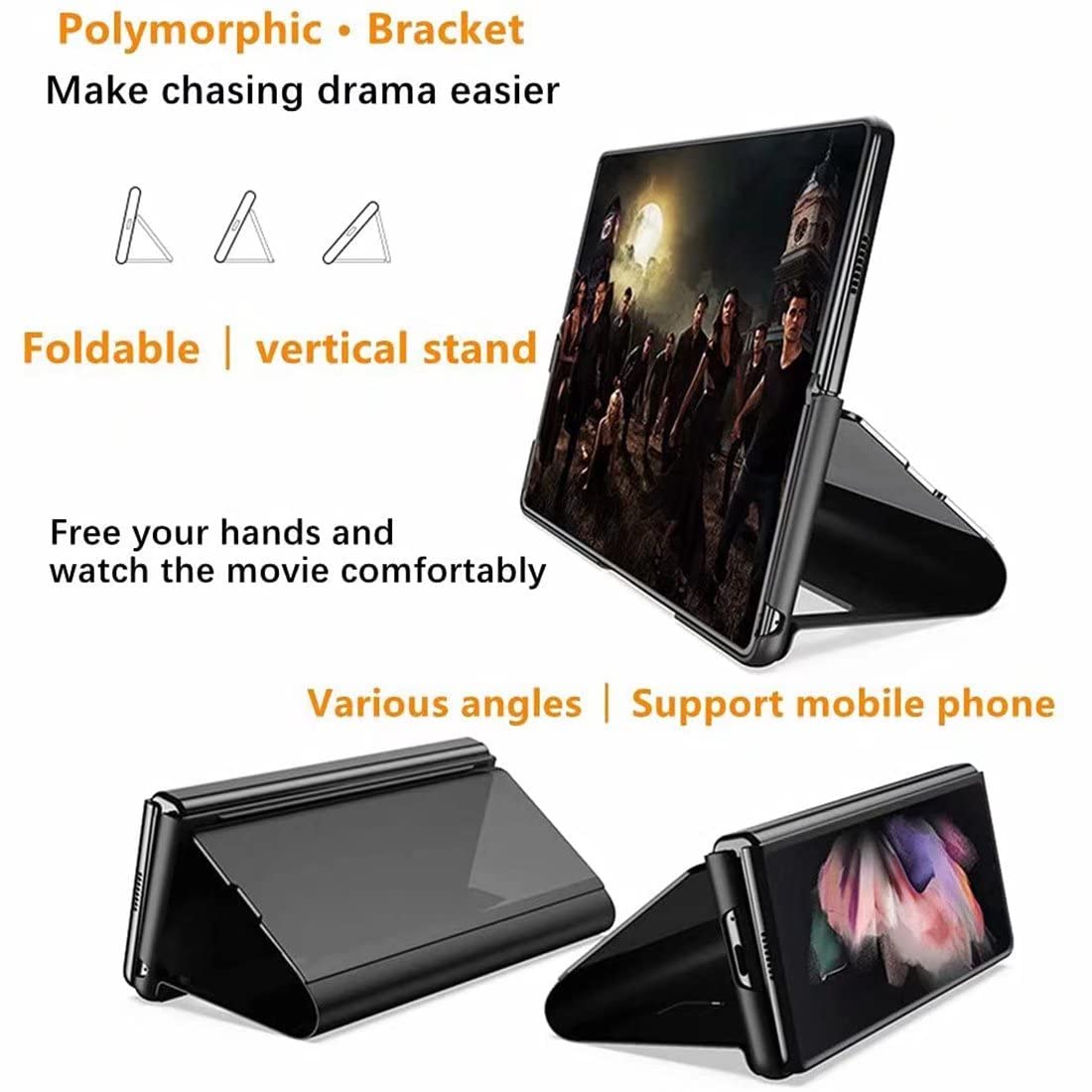Premium Shockproof Vivo X Fold Phone Case - Mirror Flip Stand Cover with PC/PU Translucent Design | Durable Protection for Vivo X Fold | Perfect for Work, Travel & Everyday Use - Black