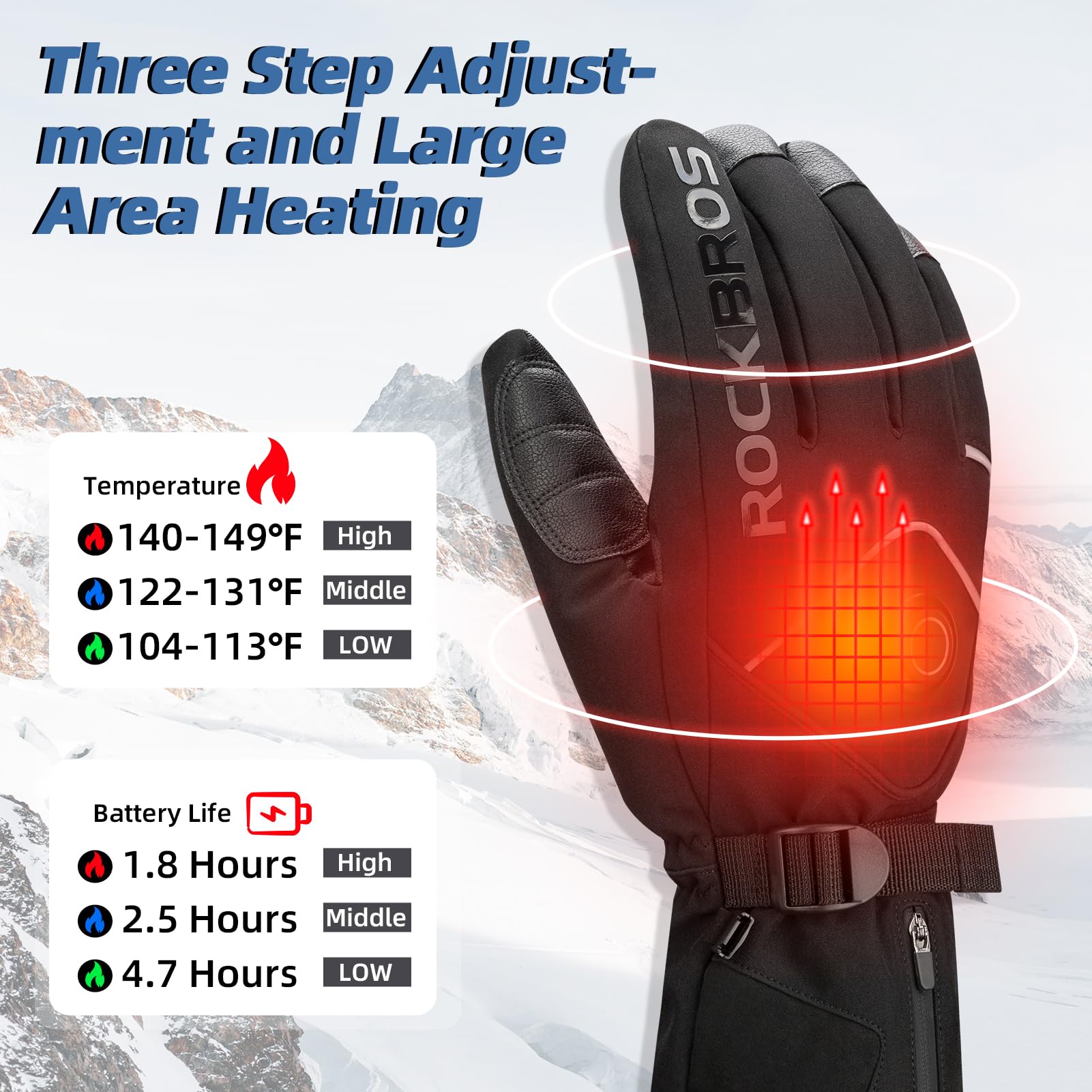 ROCKBROS Electric Heated Gloves for Men & Women - Rechargeable Battery Thermal Mittens, Waterproof & Touchscreen Compatible - Winter Warm Gloves for Cycling, Skiing, Snowboarding & Outdoor Activities in Cold Weather