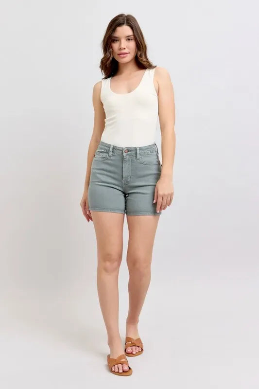 Judy Blue Women's Plus Size Garment Dyed Shorts with Back Pocket Embroidery - Comfortable Casual Wear for Summer Outings & Beach Vacations