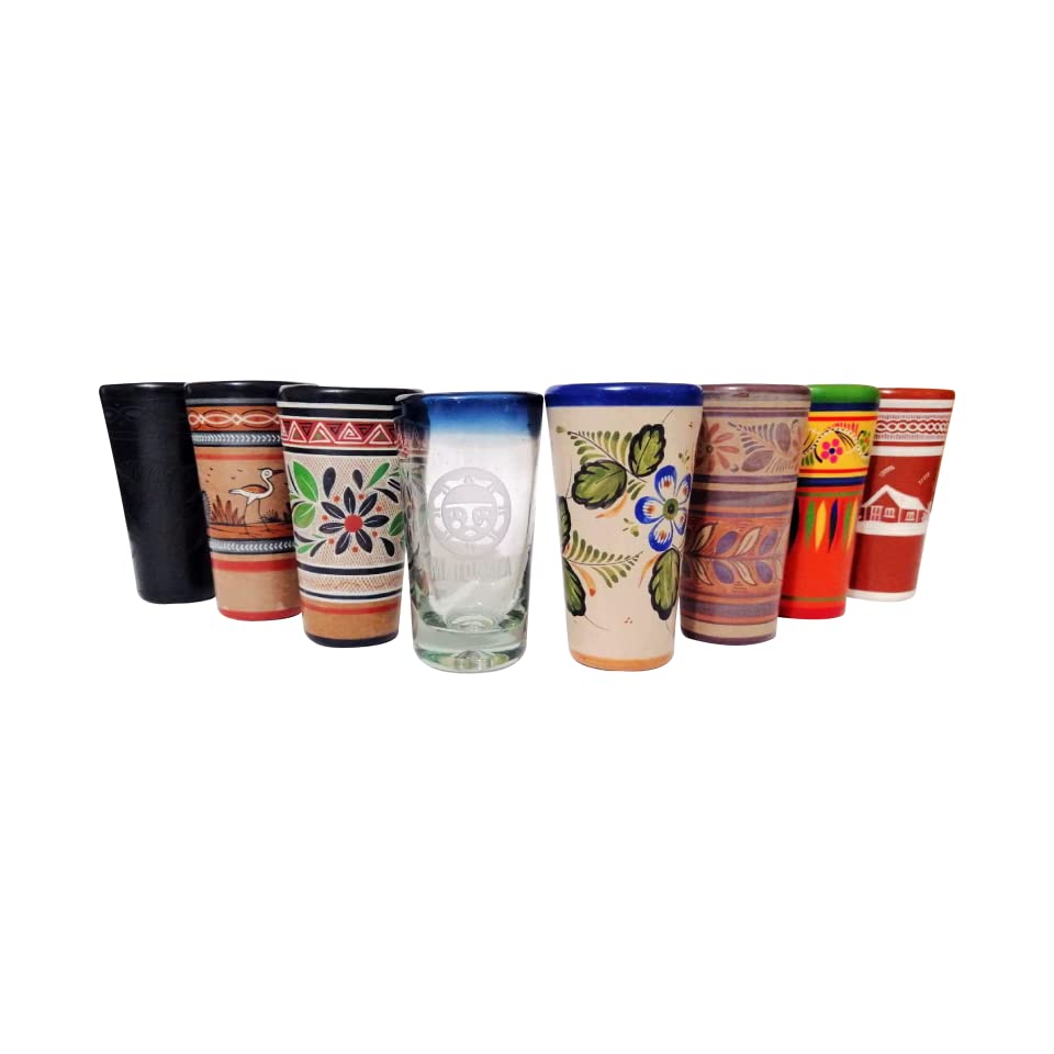 Handcrafted Set of 7 Tequila Shot Glasses - Clay & Glass Mexican Style Barware for Parties, Weddings & Home Decor