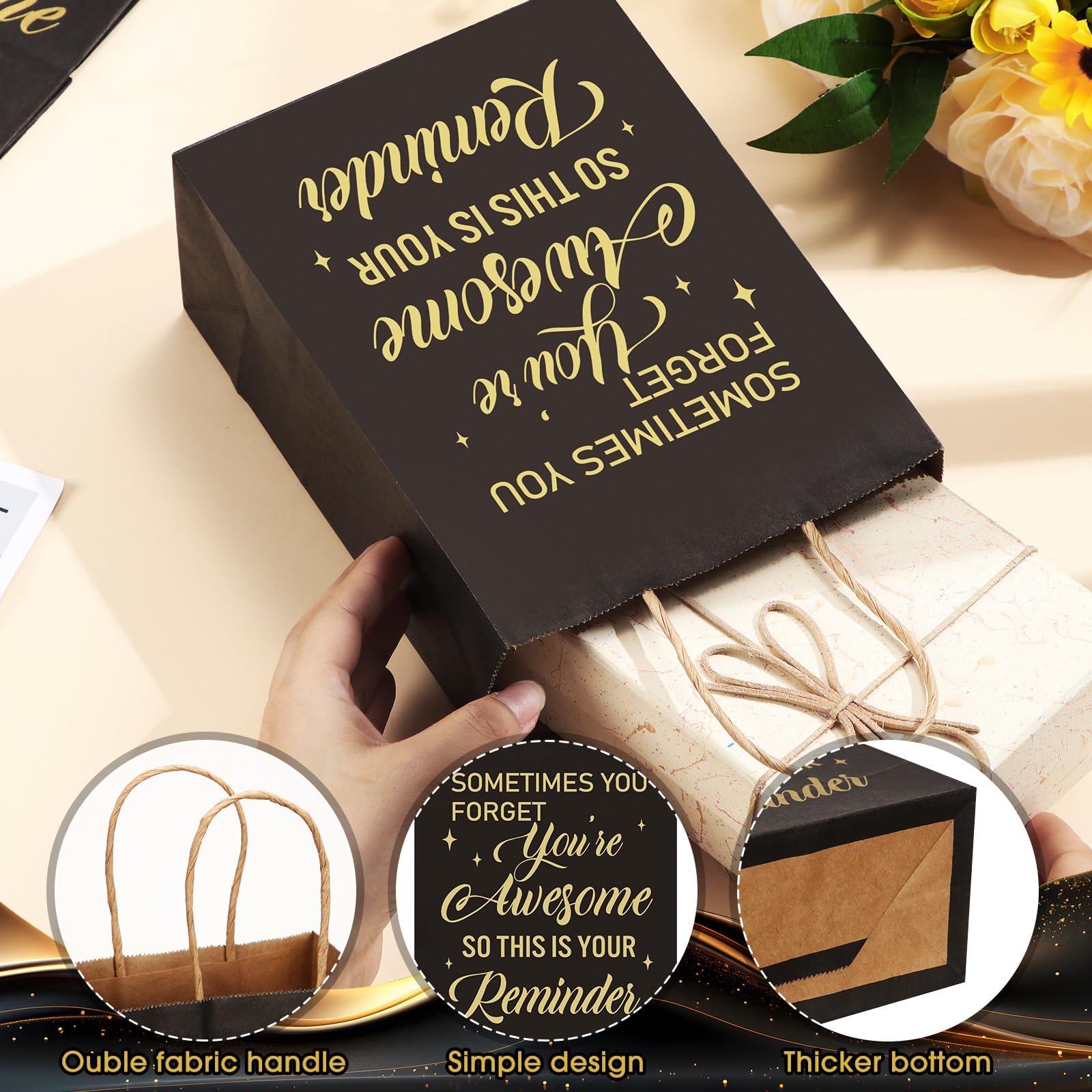 Geyoga 100 Pcs Black Thank You Gift Bags Bulk - 8.3 x 3.2 x 5.9 in Employee Appreciation Paper Bags with Handles - Perfect for Volunteer, Teacher, Colleague, Nurse, Birthday Party & Corporate Events