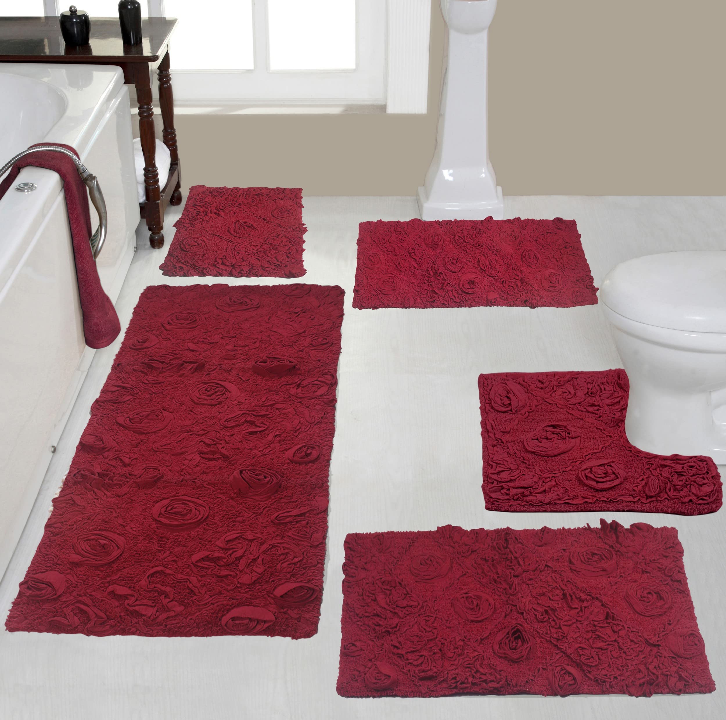 Premium 5-Piece Cotton Bath Rug Set - Ultra Soft, Absorbent & Non-Slip Bathroom Mats for Shower, Tub & Kitchen - Machine Washable Contour Design in Red - Home Weavers Modesto Collection - Perfect for Bathroom Safety & Comfort