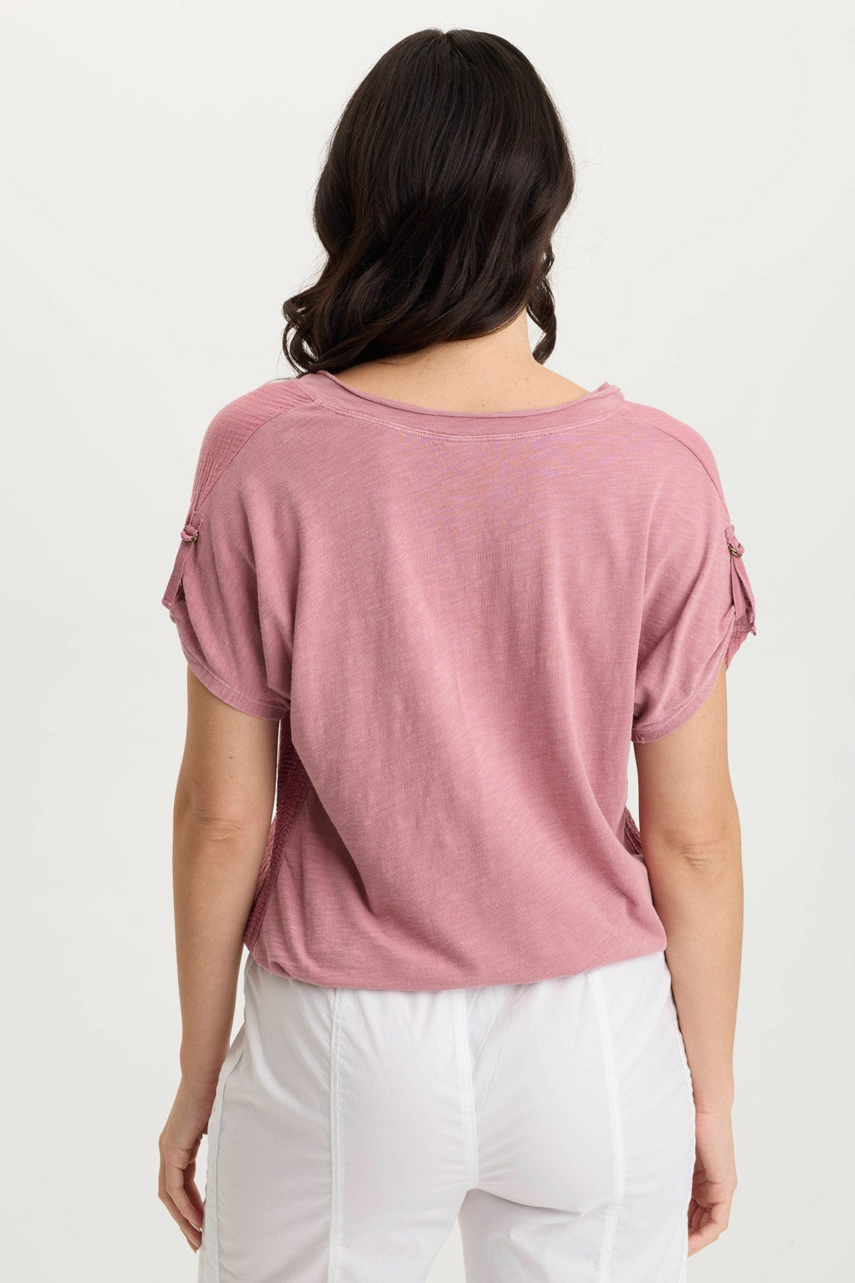 Bower Gauze & Jersey Tabbed Sleeve Bubble Hem V-Neck Tee - Soft Casual Women's T-Shirt for Everyday Wear, Date Night & Summer Outfits