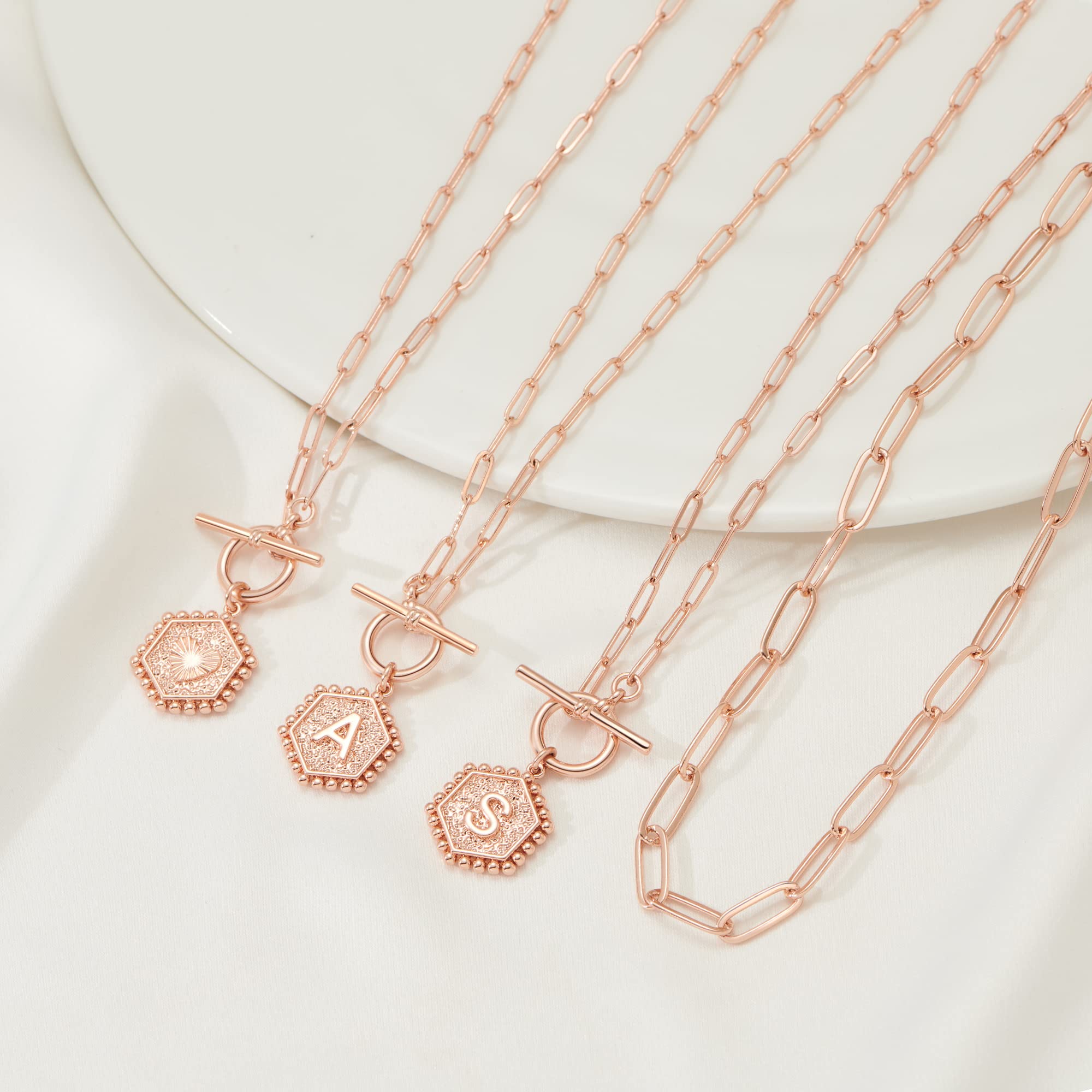 14K Gold Plated Layered Necklace for Women - Rose Gold Paperclip Chain with Toggle Clasp, Initial Pendant Jewelry | Perfect for Layering, Everyday Wear & Gift Giving