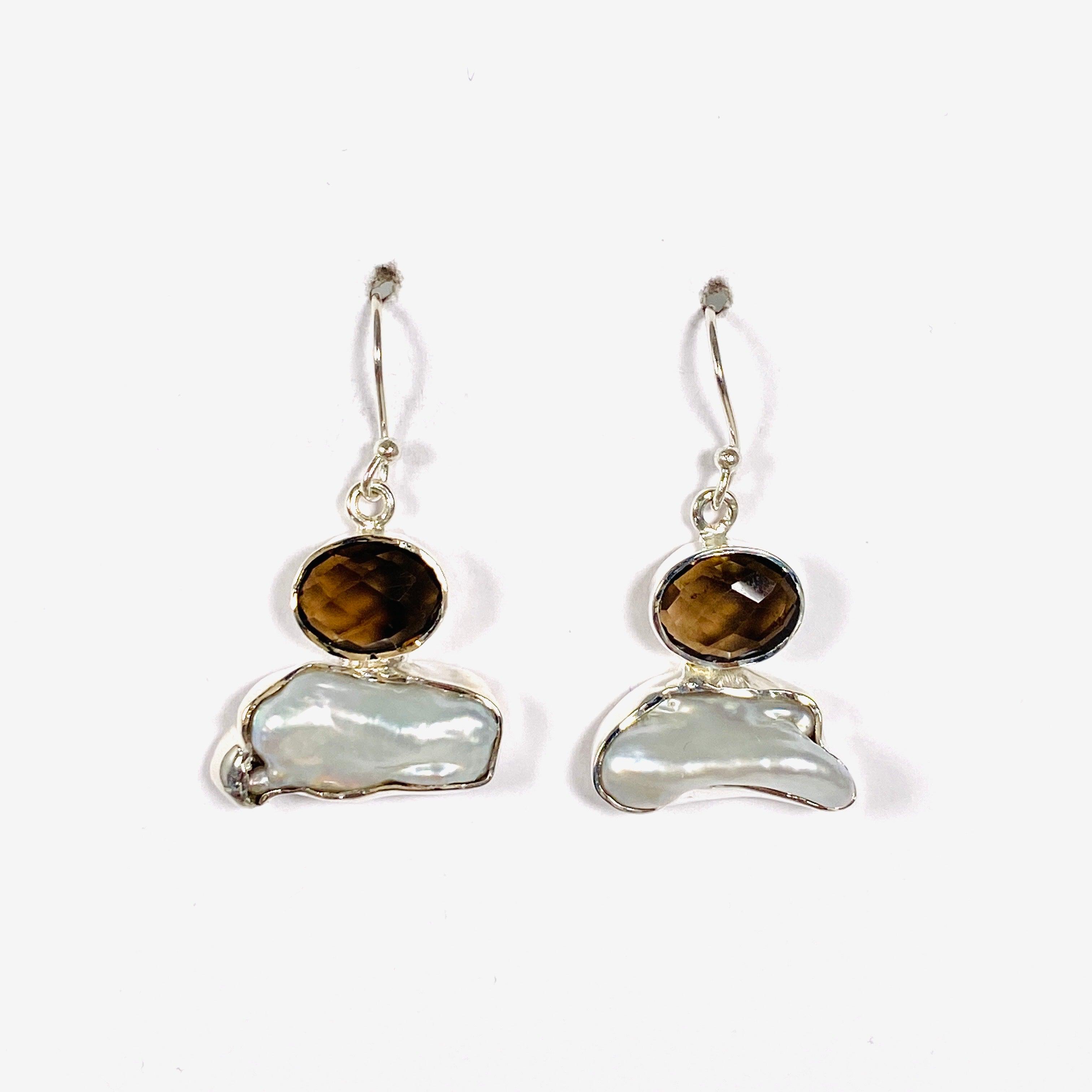 Pearl and Smokey Quartz Faceted Dangle Earrings E2393 SQ - Elegant Jewelry for Women, Perfect for Weddings, Parties & Special Occasions