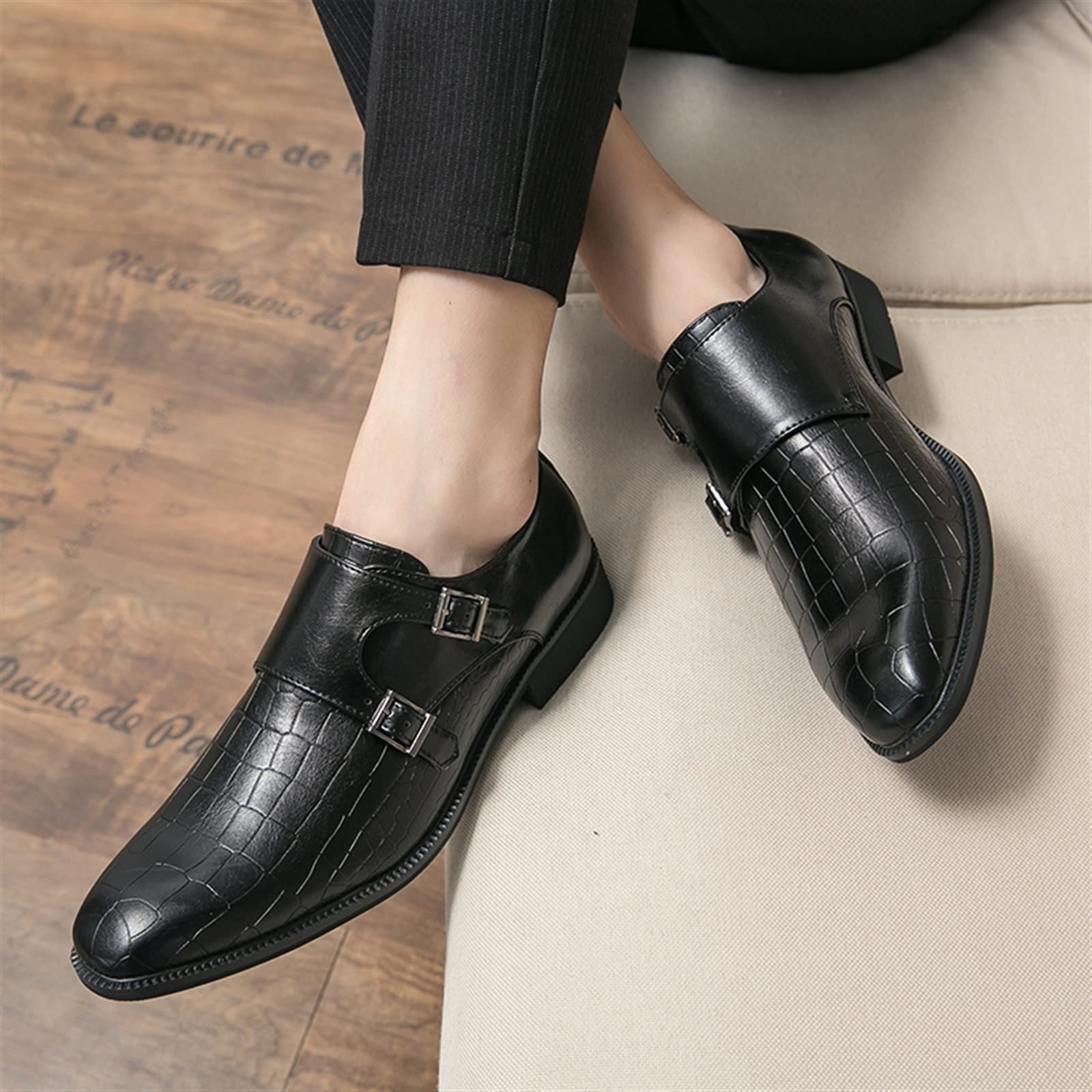 HOOENG Men's Slip-On Oxford Shoes - Vegan Leather Monk Strap Dress Shoes with Burnished Toe, Block Heel & Slip-Resistant Rubber Sole | Formal Wear, Office, Wedding & Business Occasions