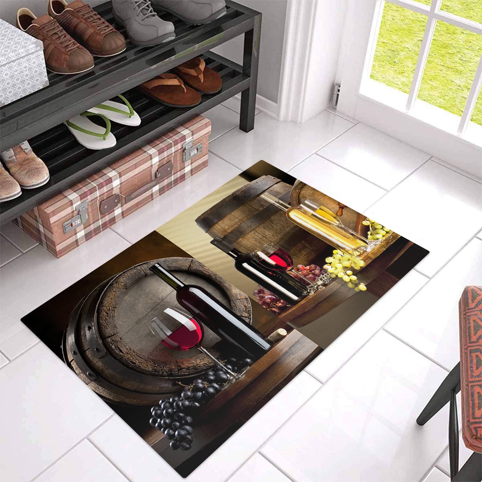 Vintage Red Wine Glass Grapes Indoor Door Mat - Non-Slip Farmhouse Floor Rug for Entrance, Kitchen, Bathroom & Living Room - Perfect for Home Decor and Guest Welcoming