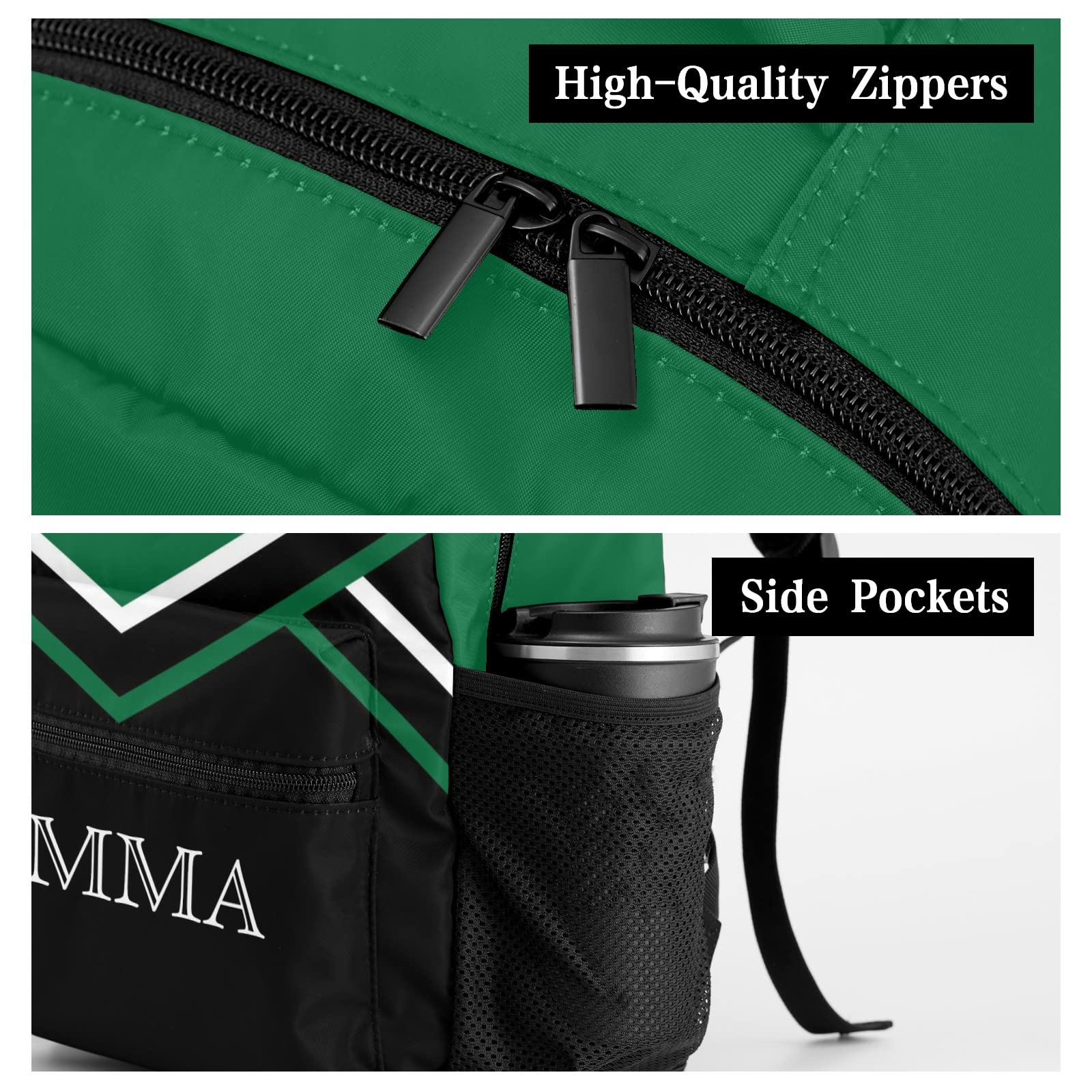 Waterproof Green Cheerleader Backpack with Custom Name Text - Unisex Sports Bag for Women & Men - Perfect for Cheerleading, School, Gym & Travel