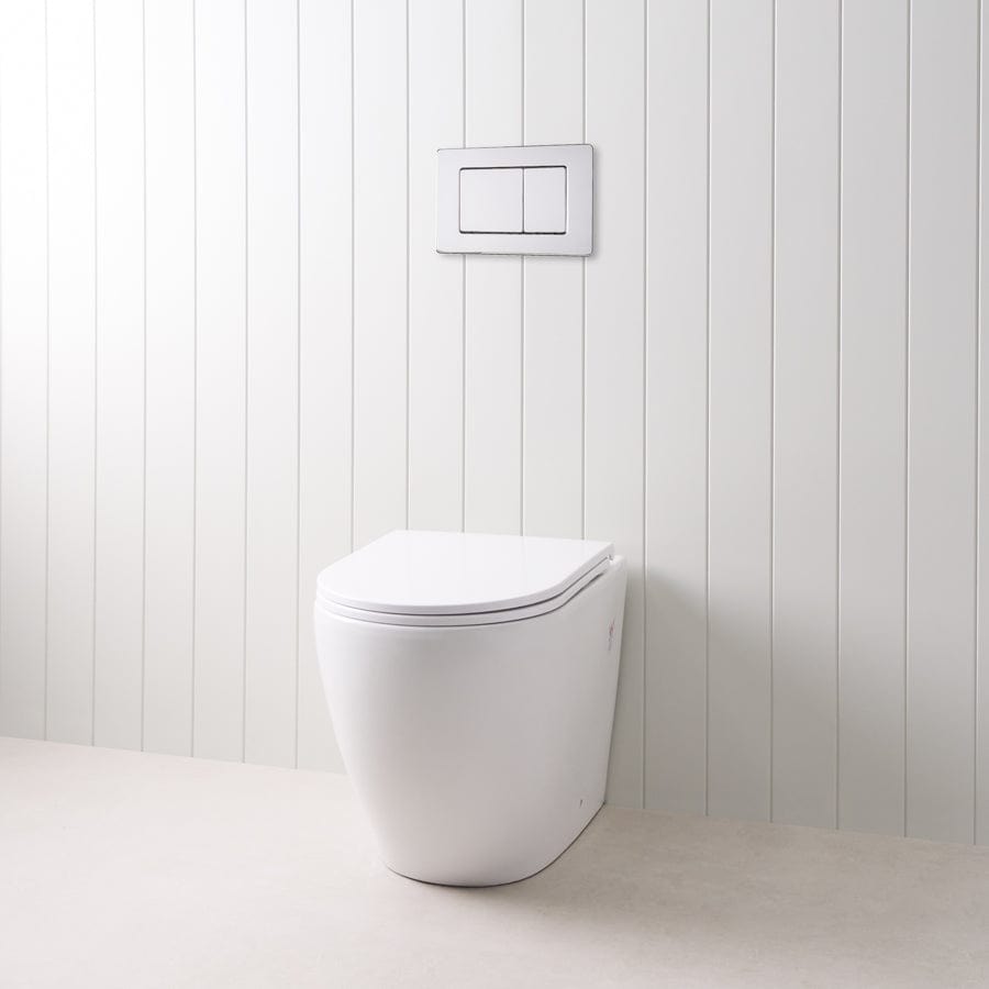 Modern Curved In-Wall Toilet with Sleek Rectangle Chrome Buttons - Space-Saving Bathroom Solution for Contemporary Homes