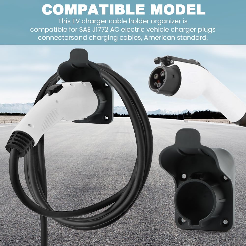 JIANWEI EV Charger Holder Wall Mount - Compatible with SAE J1772 Electric Car Charging Plug, Cable Hanger & Cord Organizer - Indoor/Outdoor Electric Vehicle Charger Nozzle Holster Dock (Black) - Perfect for Home Garage, Parking Lot & Public Charging Stations