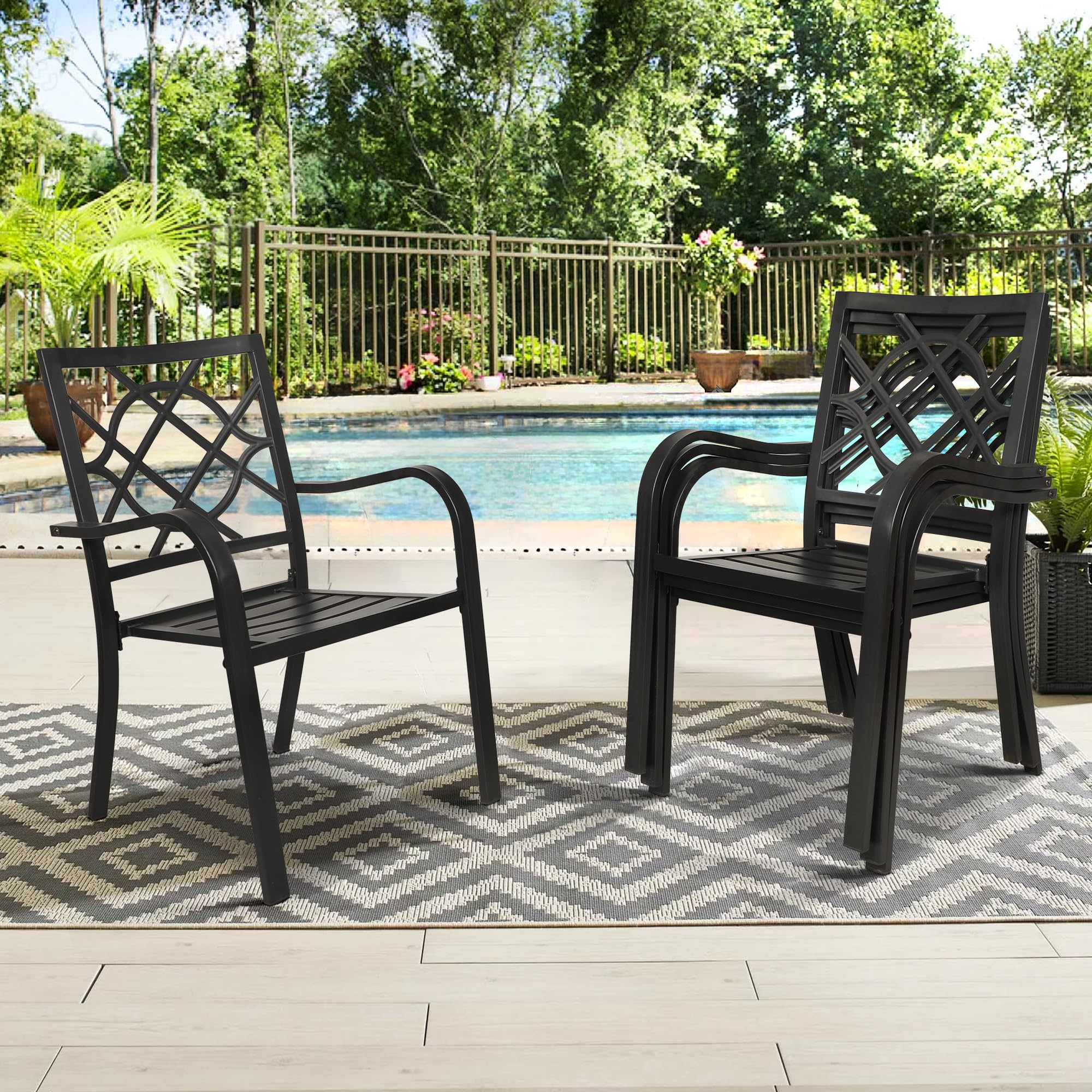 Incbruce 300lbs Capacity Patio Chairs Set of 4 - Heavy Duty Stackable Outdoor Dining Chairs with Metal Frame & Wrought Iron Design - Perfect for Garden, Poolside, Backyard, Deck, and Outdoor Entertaining