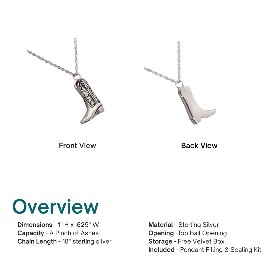 Sterling Silver Cremation Jewelry - Boot Pendant & Necklace for Ashes | Memorial Keepsake for Loved Ones | Perfect for Remembrance, Grieving & Honoring Memories