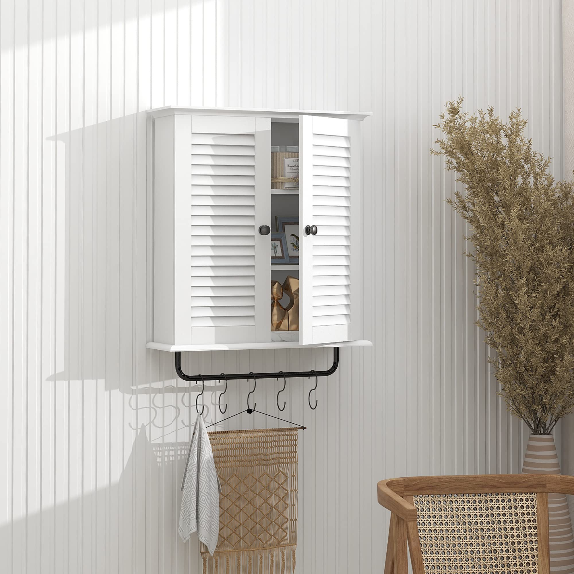 White Wall Mounted Bathroom Cabinet with Double Shutter Doors - 3-Tier Adjustable Shelf & Towel Rack - Over The Toilet Storage Solution for Bathroom, Laundry & Small Space Organization