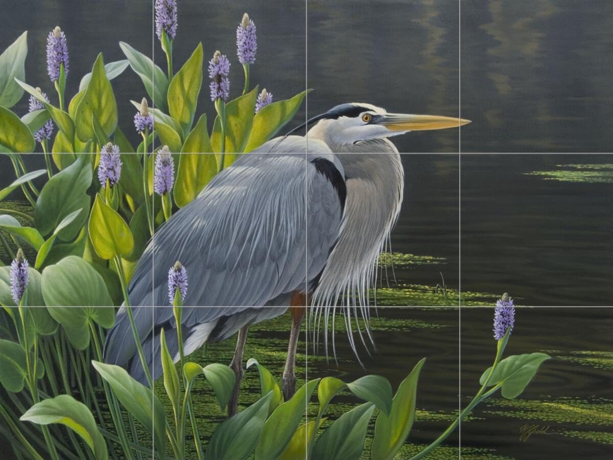 Ceramic Backsplash Tile Mural - Waterfowl Bird Design for Kitchen & Bathroom - Biding Time Great Blue Heron by Wilhelm Goebel - Perfect for Farmhouse, Coastal, and Nature-Inspired Home Decor