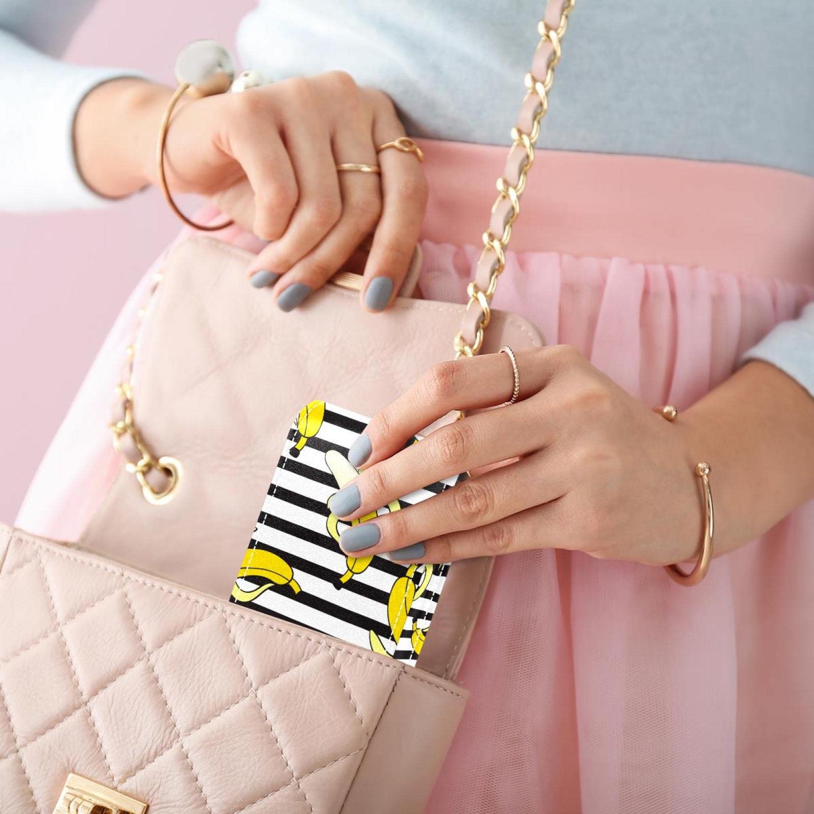 Personalized Lipstick Case - Portable Makeup Bag & Cosmetic Pouch Organizer with Banana Print on Black & White Stripes - Perfect for Travel, Home Storage & Gift Giving