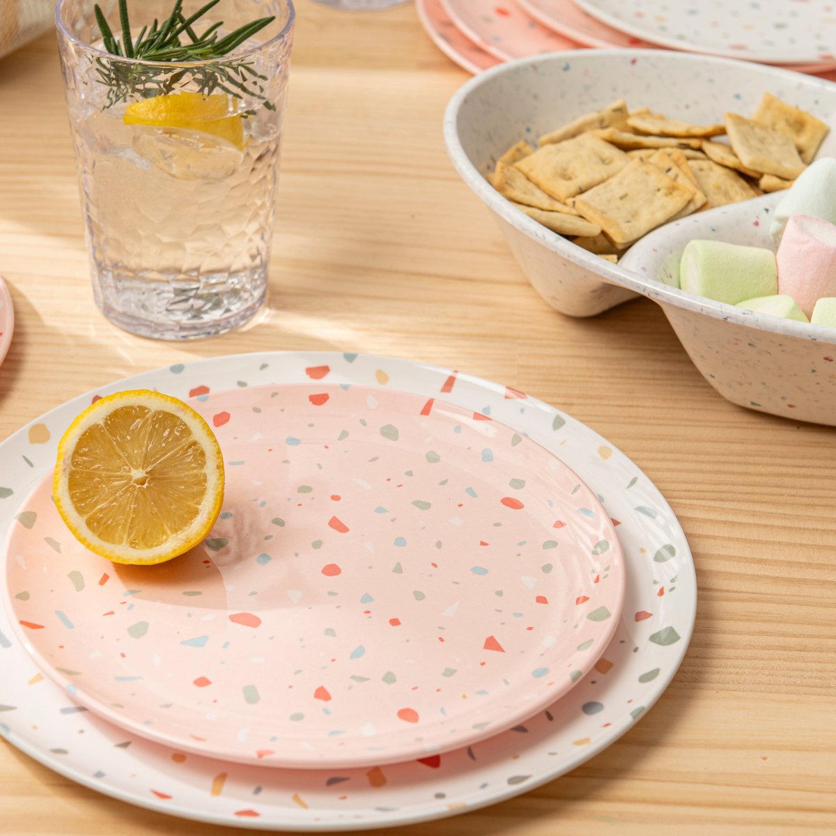 12-Piece Outdoor Dinnerware Set - Pink Confetti Design - Durable Melamine Plates, Bowls & Cups - Perfect for Picnics, BBQs, and Pool Parties