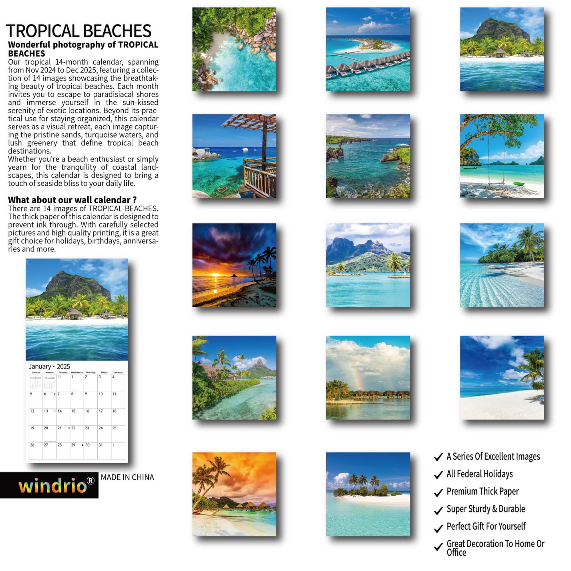 2025 Tropical Beaches Wall Calendar - January to December 2025 | 12x24 Inch Large Format with Thick Sturdy Paper | Perfect for Home, Office & School Planning | Monthly Full-Page Design for Easy Organization