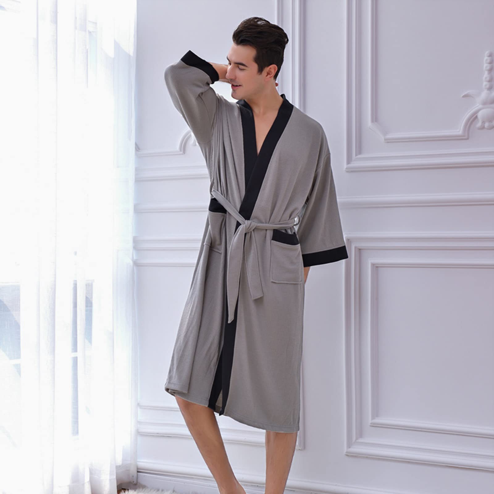 Men's Soft Knit Waffle Bathrobe - Long Sleeve Kimono Spa Robe for Adults - Cozy Hotel Style Nightgown for Relaxation at Home & Luxury Spa Retreats