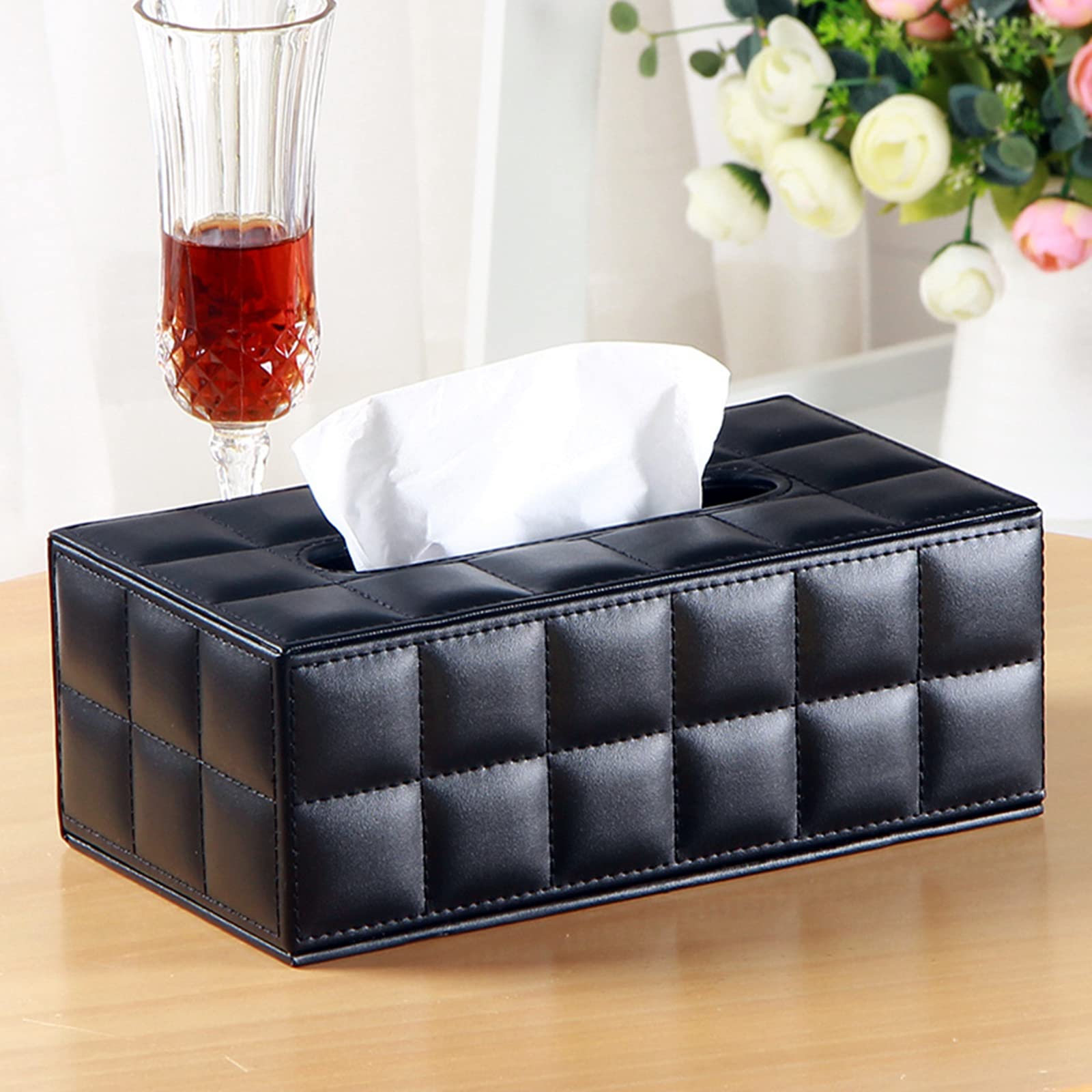 Premium PU Leather Tissue Box Cover - Elegant Black Checkered Design for Home, Office & Car | Magnetic Bottom Rectangular Napkin Holder & Paper Dispenser | Perfect Desk Organizer, Gift Idea & Interior Decor Accessory