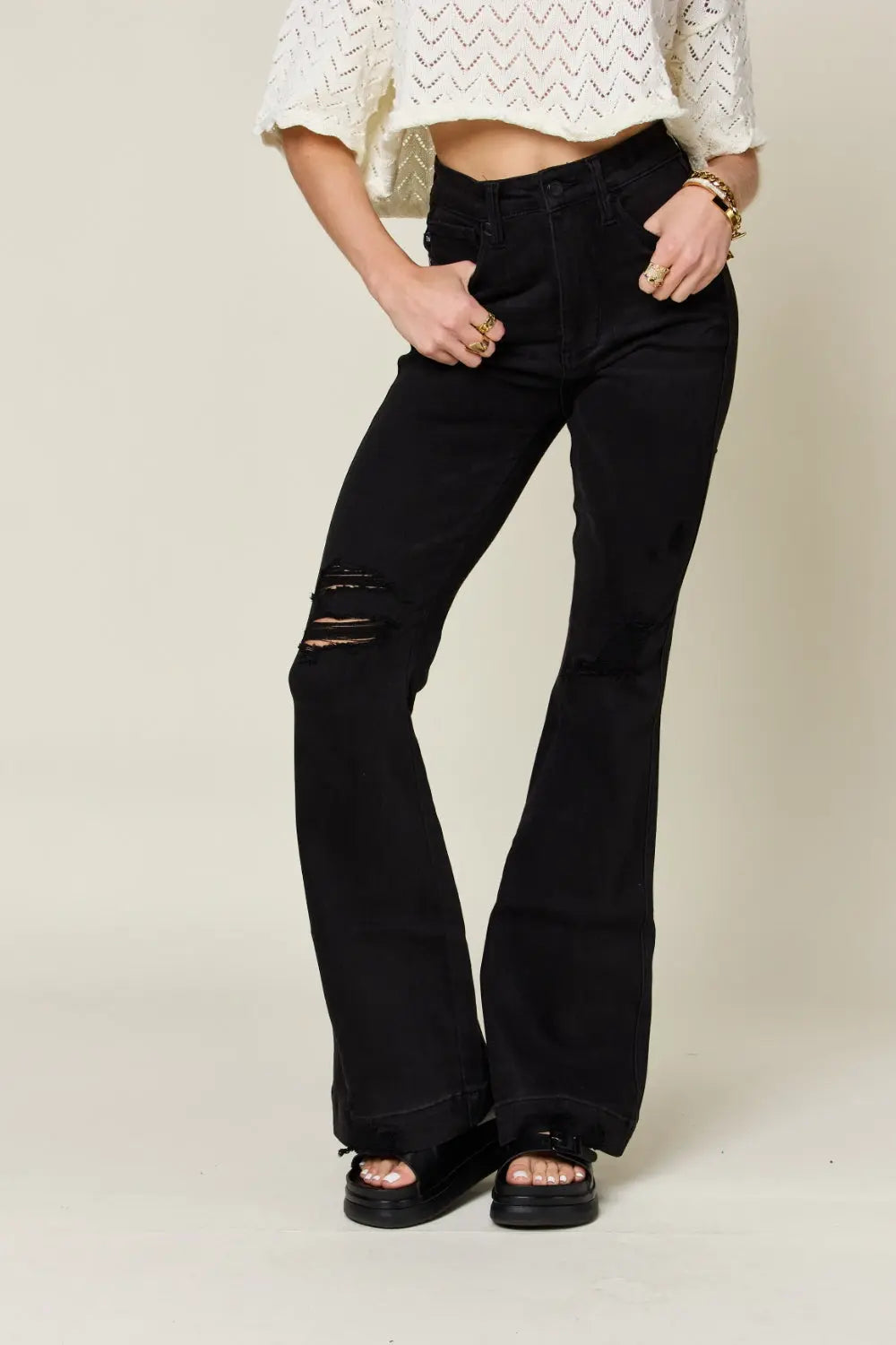 Judy Blue Women's High Waist Distressed Flare Jeans - Vintage Denim Pants for Casual Outfits & Boho Style | Perfect for Everyday Wear, Date Nights & Music Festivals