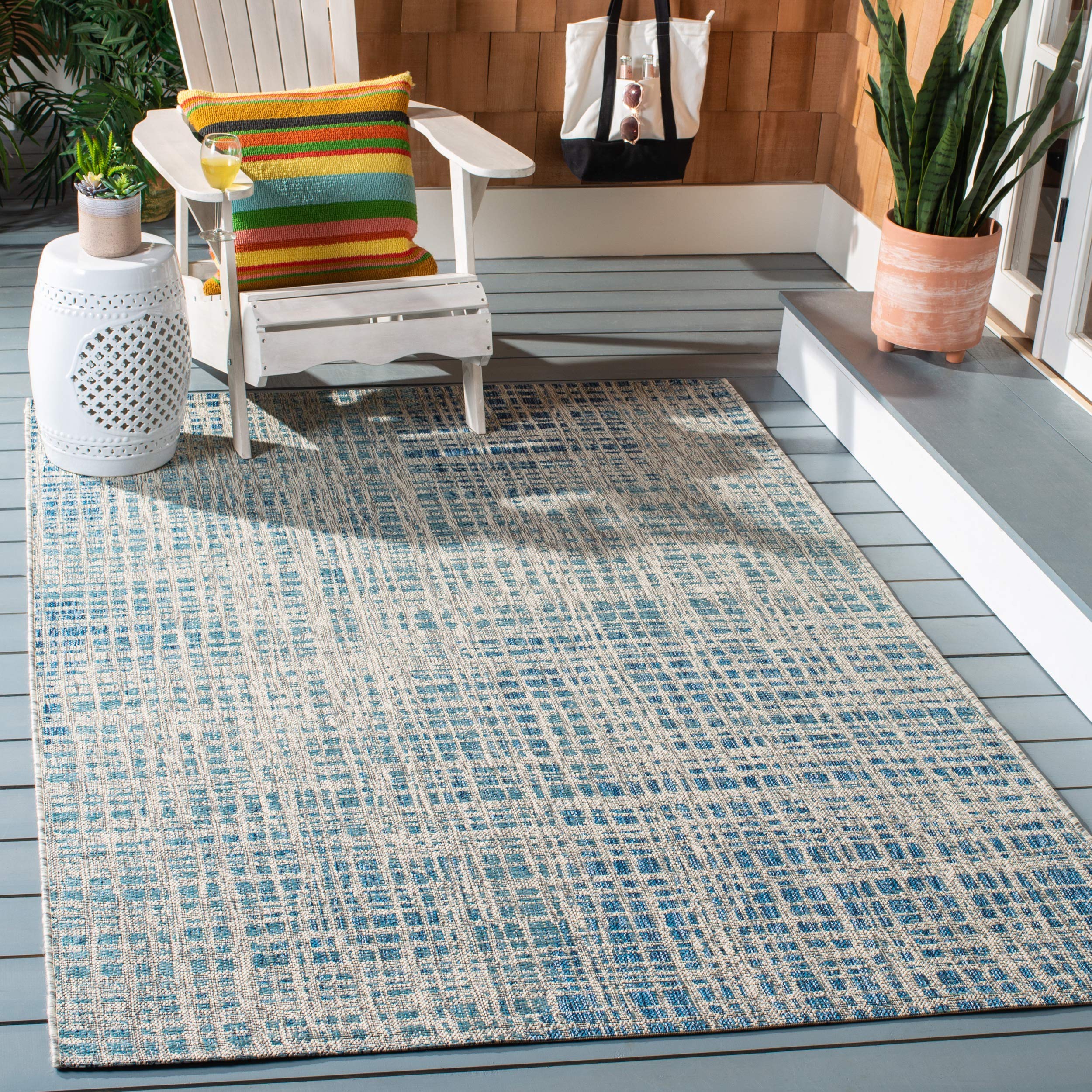 SAFAVIEH Courtyard Collection 8' x 11' Grey/Navy Indoor Outdoor Waterproof Area Rug - Easy to Clean, Perfect for Patio, Backyard, Mudroom & High-Traffic Areas