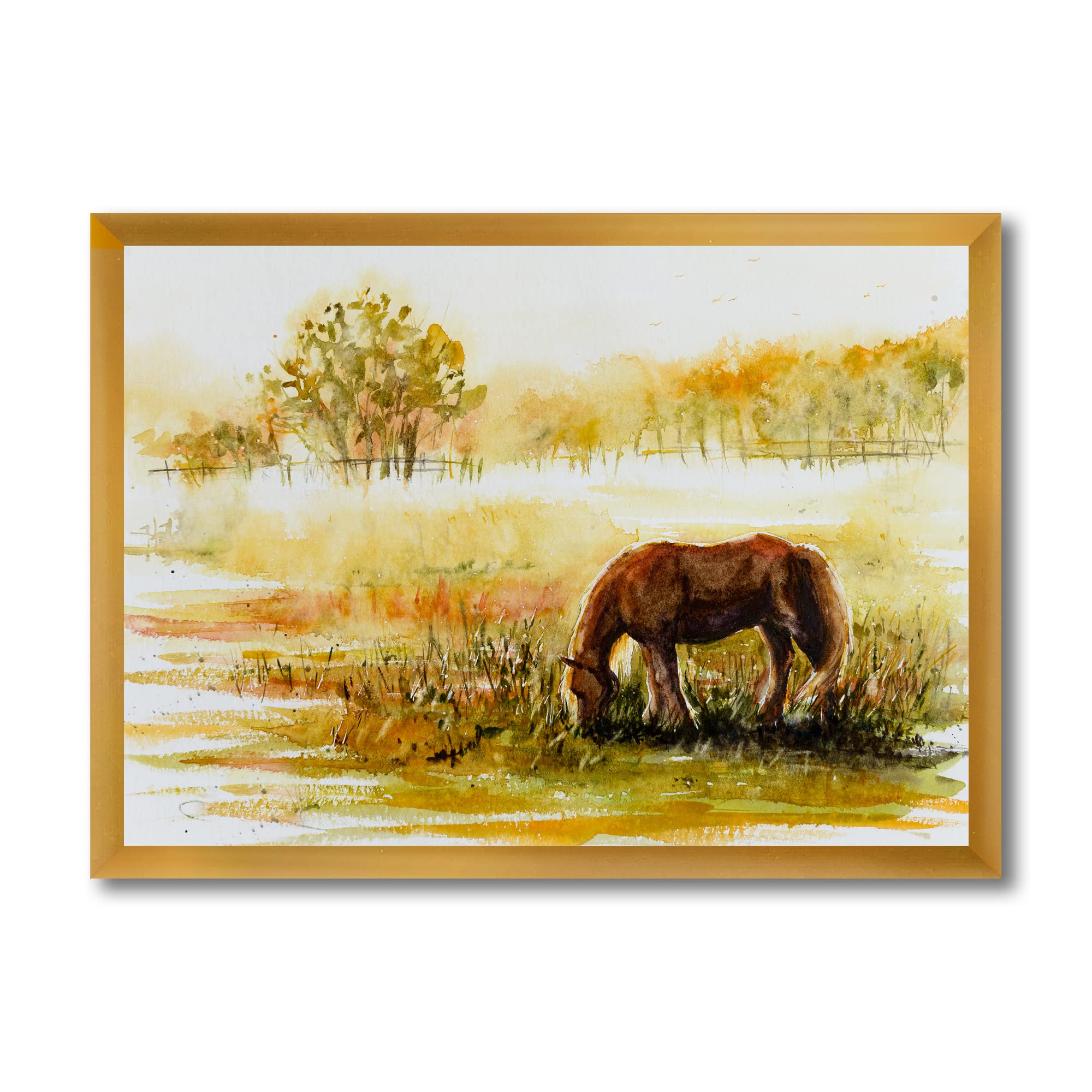 DesignQ Framed Wall Art - Horse Grazing in Meadow Countryside Farmhouse Decor - Perfect for Living Room, Bedroom & Office Wall Decor