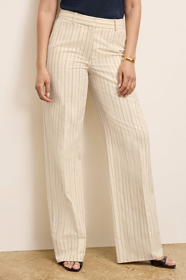 Tinsley Wide Leg Pants for Women - Breeze Stripe Pattern in Ecru & Navy - Comfortable High Waist Trousers for Office, Travel & Casual Wear
