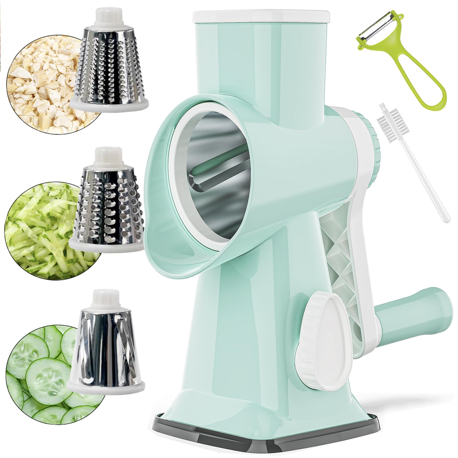 Stainless Steel Rotary Cheese Grater with Handle - Multi-Purpose Kitchen Tool for Effortless Grating Cheese, Vegetables & Fruits | Perfect for Pizza, Salads & Meal Prep (Green)
