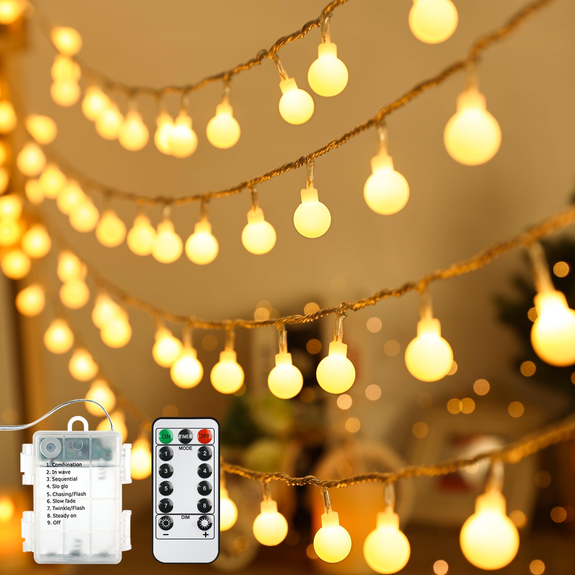 BrizLabs 2 Pack 120 LED Globe String Lights - Warm White Battery Operated Fairy Lights with Remote & Timer, 8 Modes for Indoor Outdoor Christmas Decor, Bedroom, Patio, Wedding, Party | Perfect for Holiday, Garden, and Home Decoration