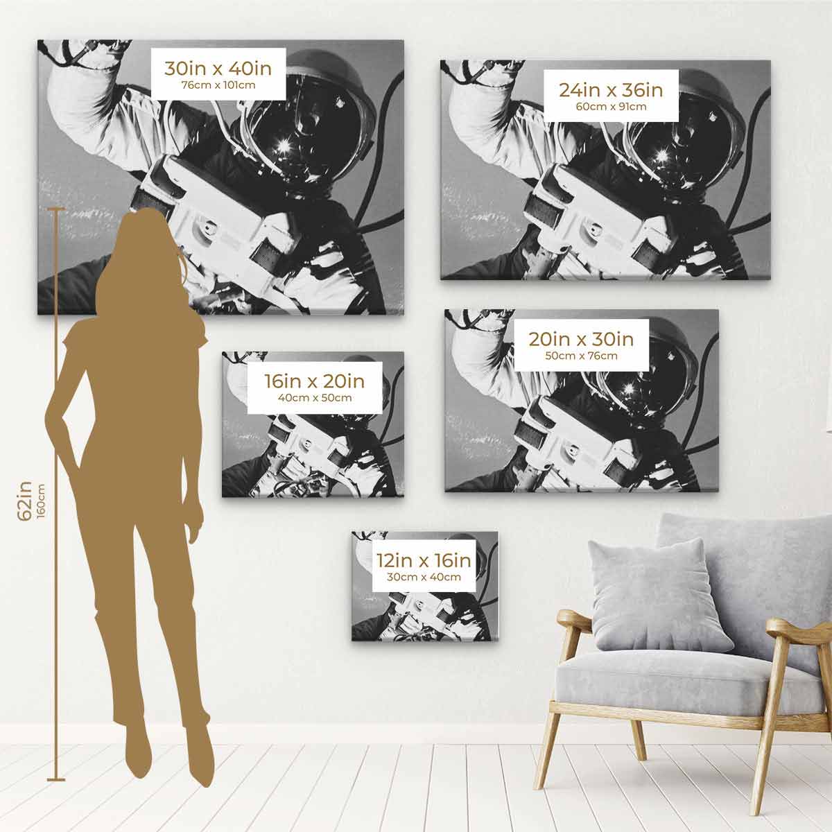 Grey Astronaut Wall Art Canvas Print - Space Themed Home Decor for Living Room, Bedroom & Office - 1736