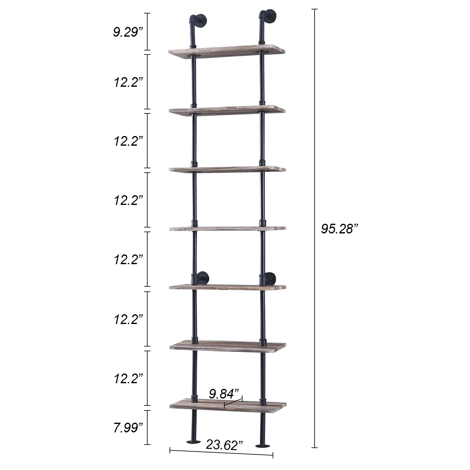 HOMBAZAAR 7-Tier Industrial Pipe Bookshelf - Wall Mounted Ladder Shelf with Sturdy Metal Frame for Home Office & Living Room - Rustic Oak Brown - Perfect for Small Spaces, Book Storage & Home Decor