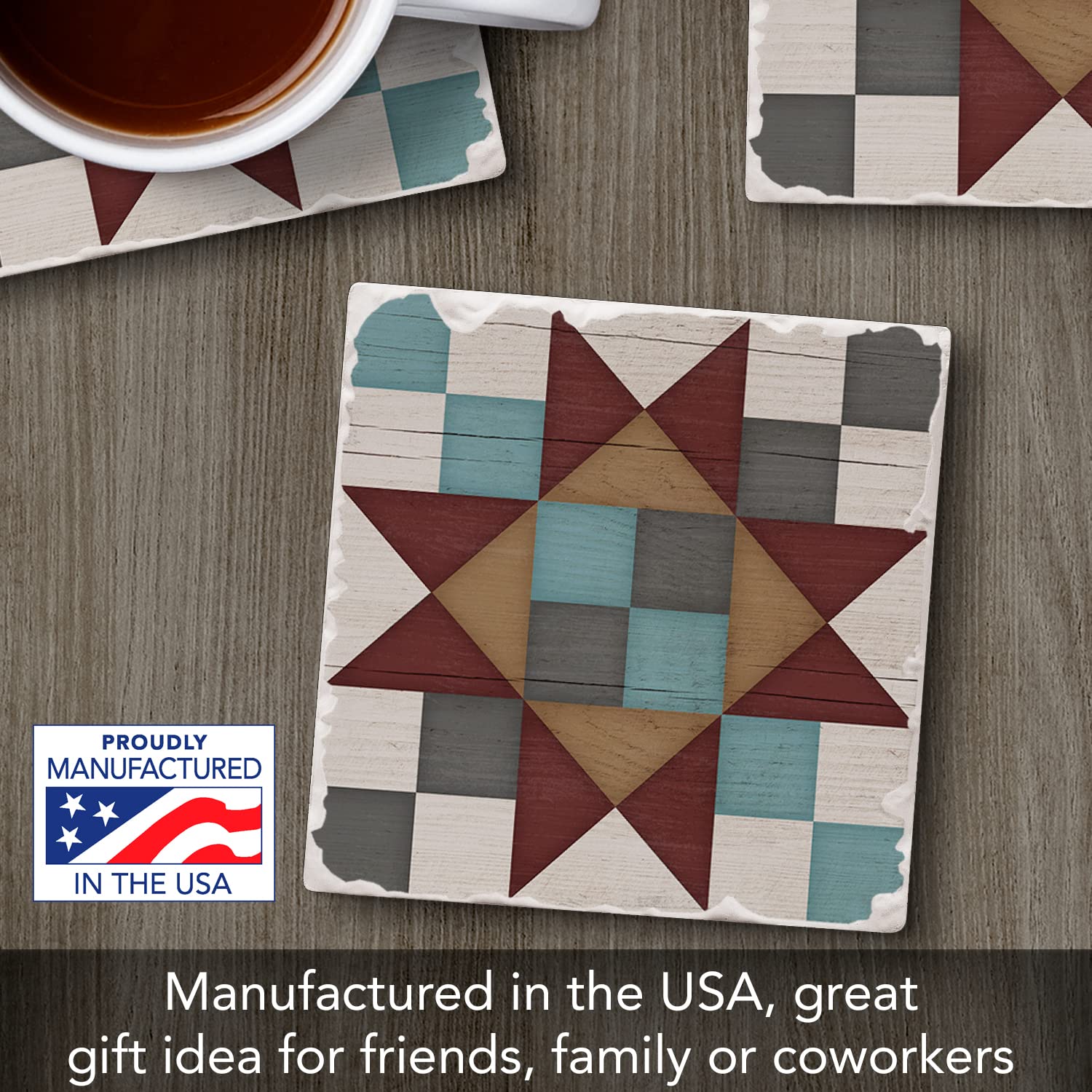 Thirstystone Quilt Design Friendship Star Single Tumbled Tile Stone Coaster with Cork Backing - 4