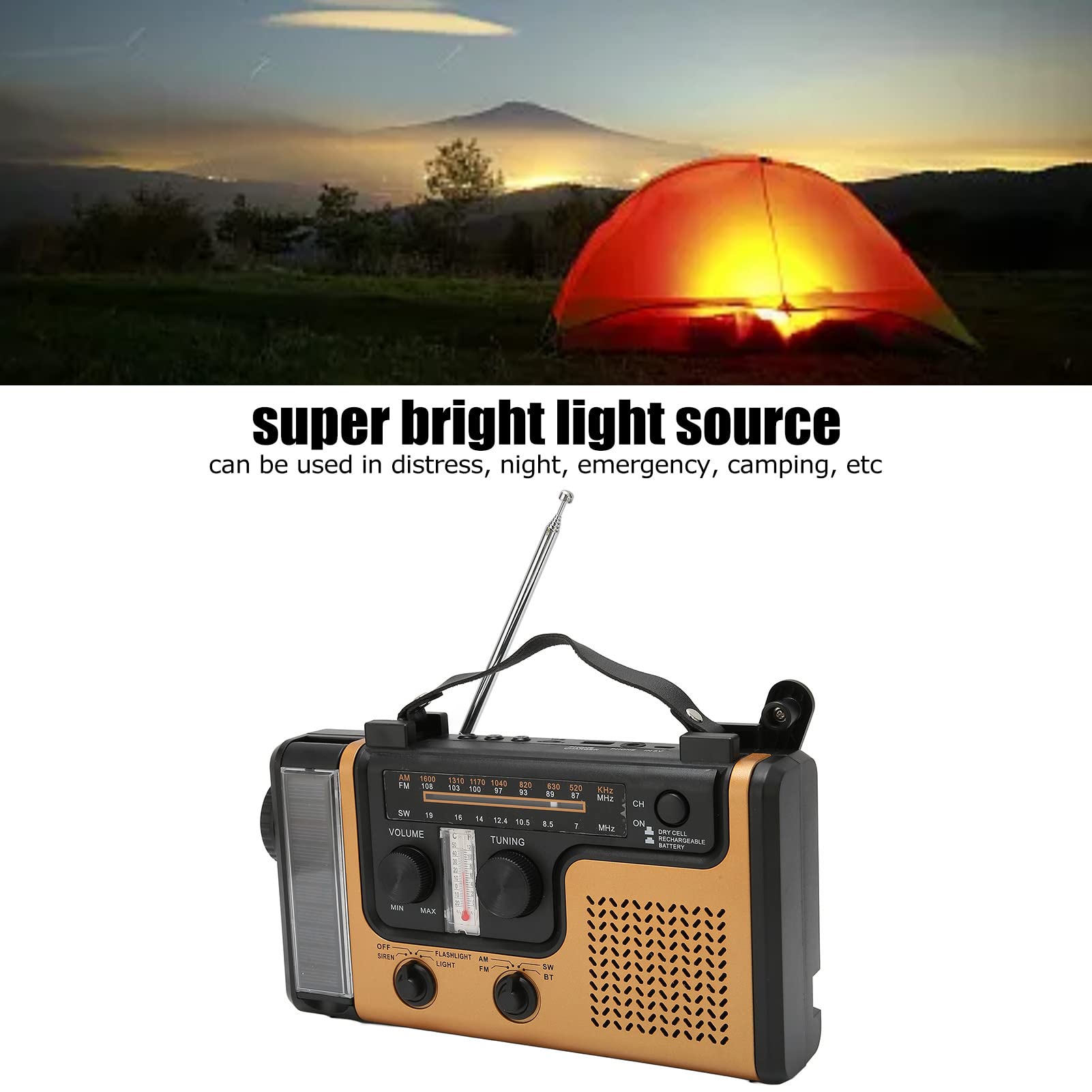 SYH&AQYE 便携式LED太阳能收音机，2000mAh AM FM SW手摇MP3播放器，内置扬声器，带应急手电筒，适用于露营、徒步、夜间、紧急情况、户外探险、家庭备用