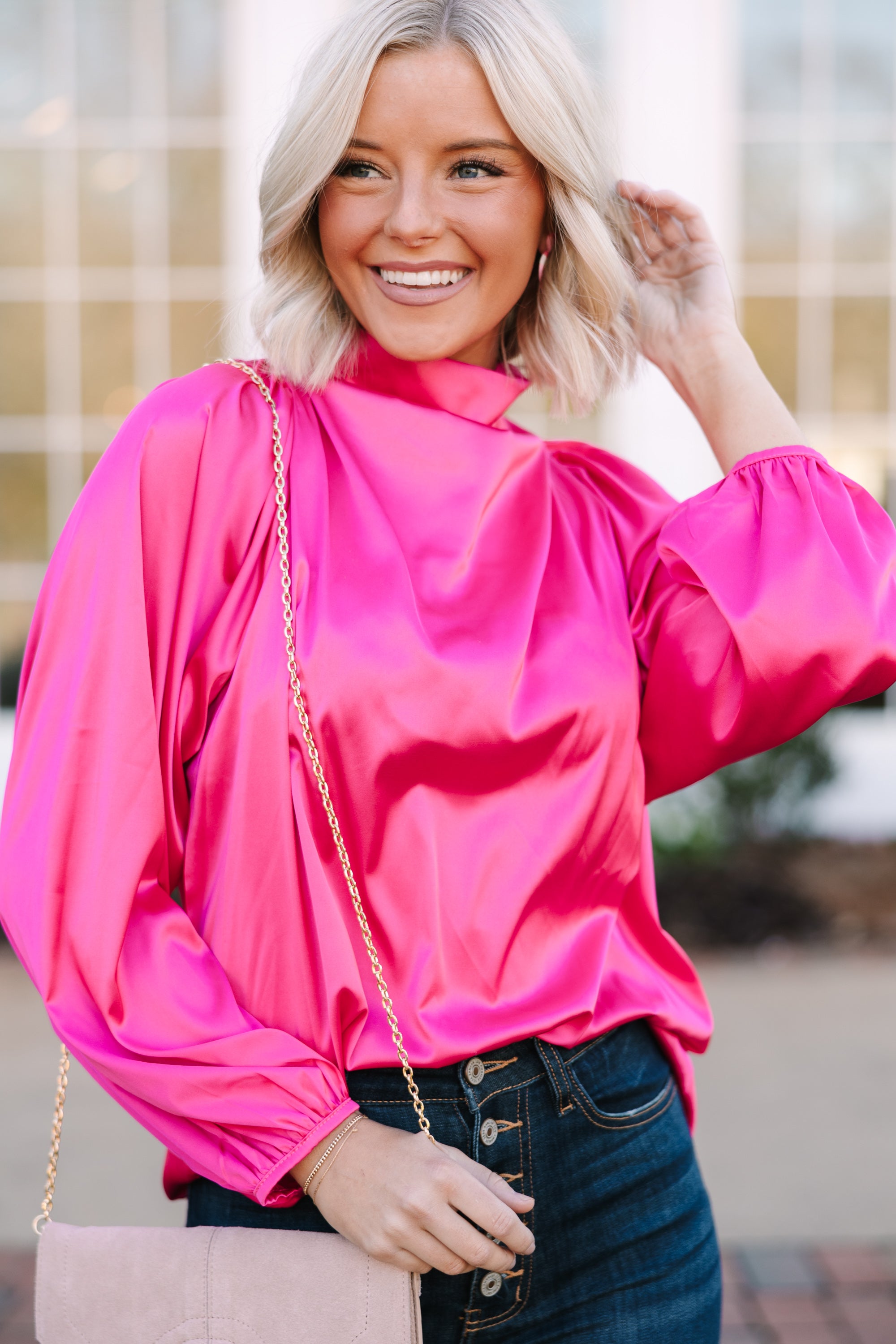 Fuchsia Pink Satin Blouse for Women - Elegant V-Neck Party Top with Flowy Sleeves - Perfect for Date Night, Office Wear & Special Occasions