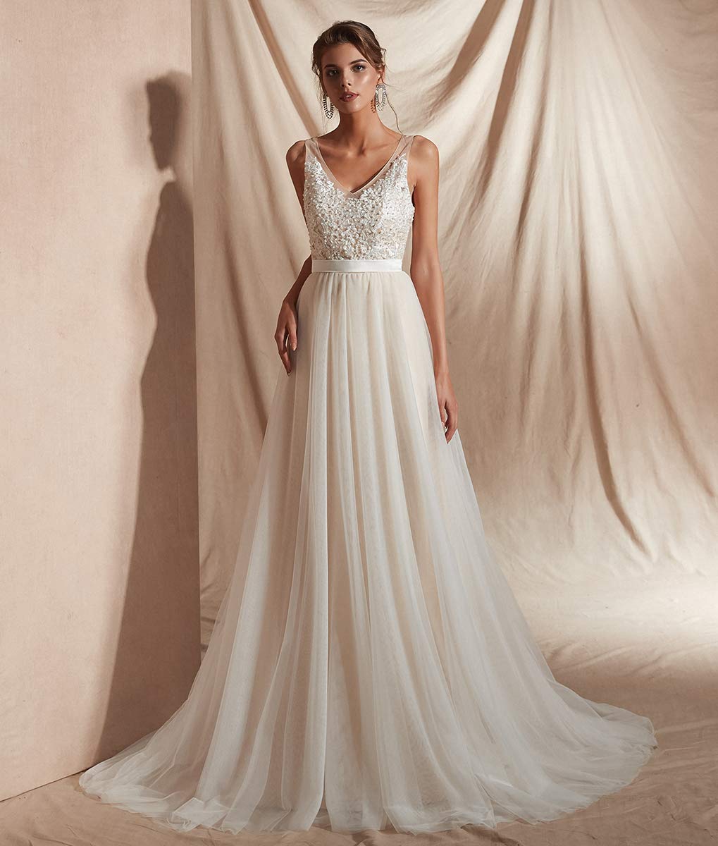 Elegant Women's V-Neck A-Line Lace Tulle Beach Wedding Dress for Bride | Romantic Long Sleeve Bridal Gown | Perfect for Beach, Destination, and Outdoor Summer Weddings