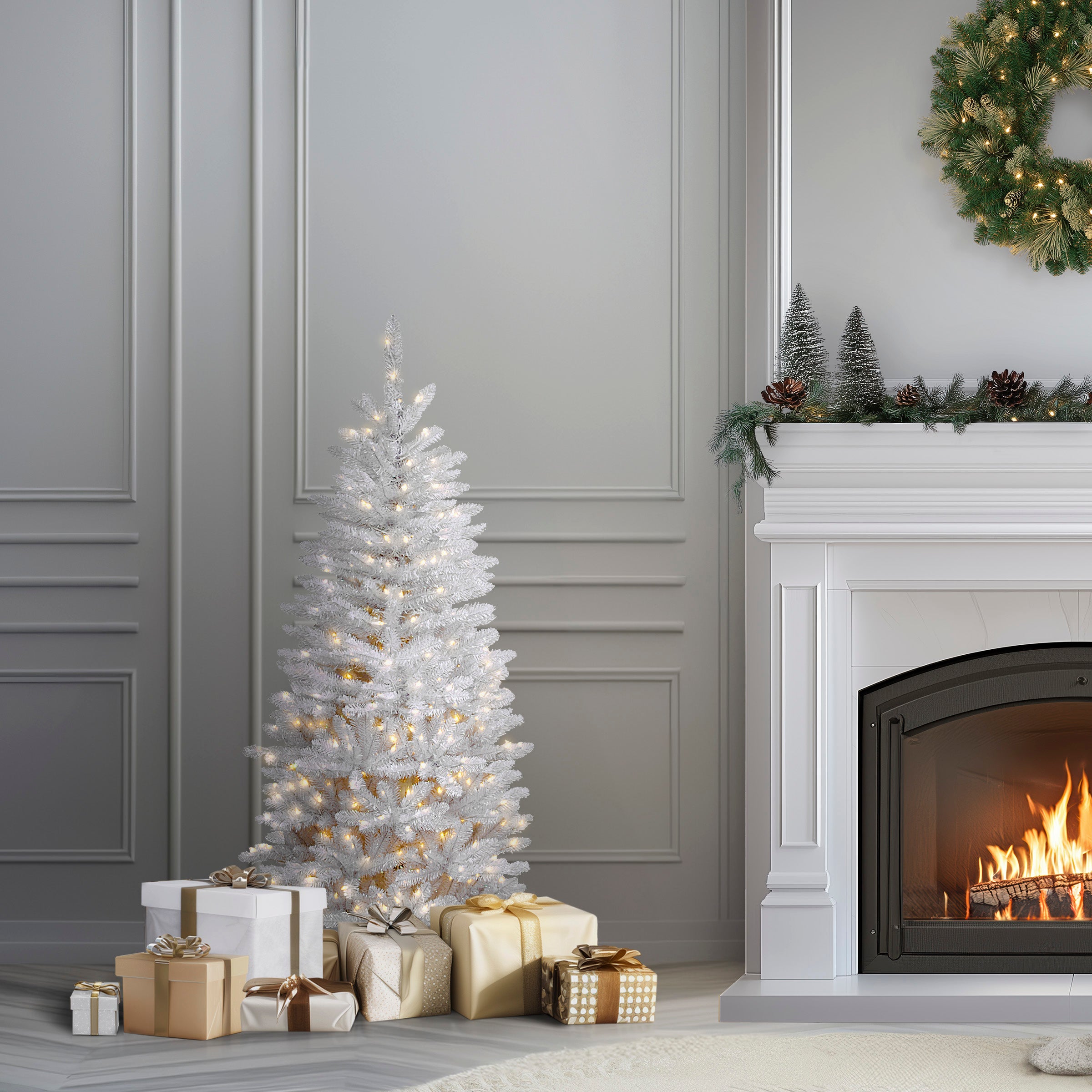 4.5 ft Pre-Lit Kingswood Fir White Pencil Christmas Tree with 300 Clear LED Lights - Slim Artificial Holiday Tree for Small Spaces, Apartments & Office Decor