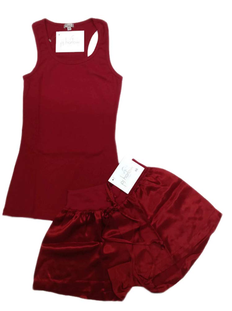PJ Harlow Women's 2 Piece Set - Soft Knit Tank Top & Smooth Satin Boxer Shorts - Red - Size Small - Perfect for Sleepwear, Lounge Wear & Casual Outfits