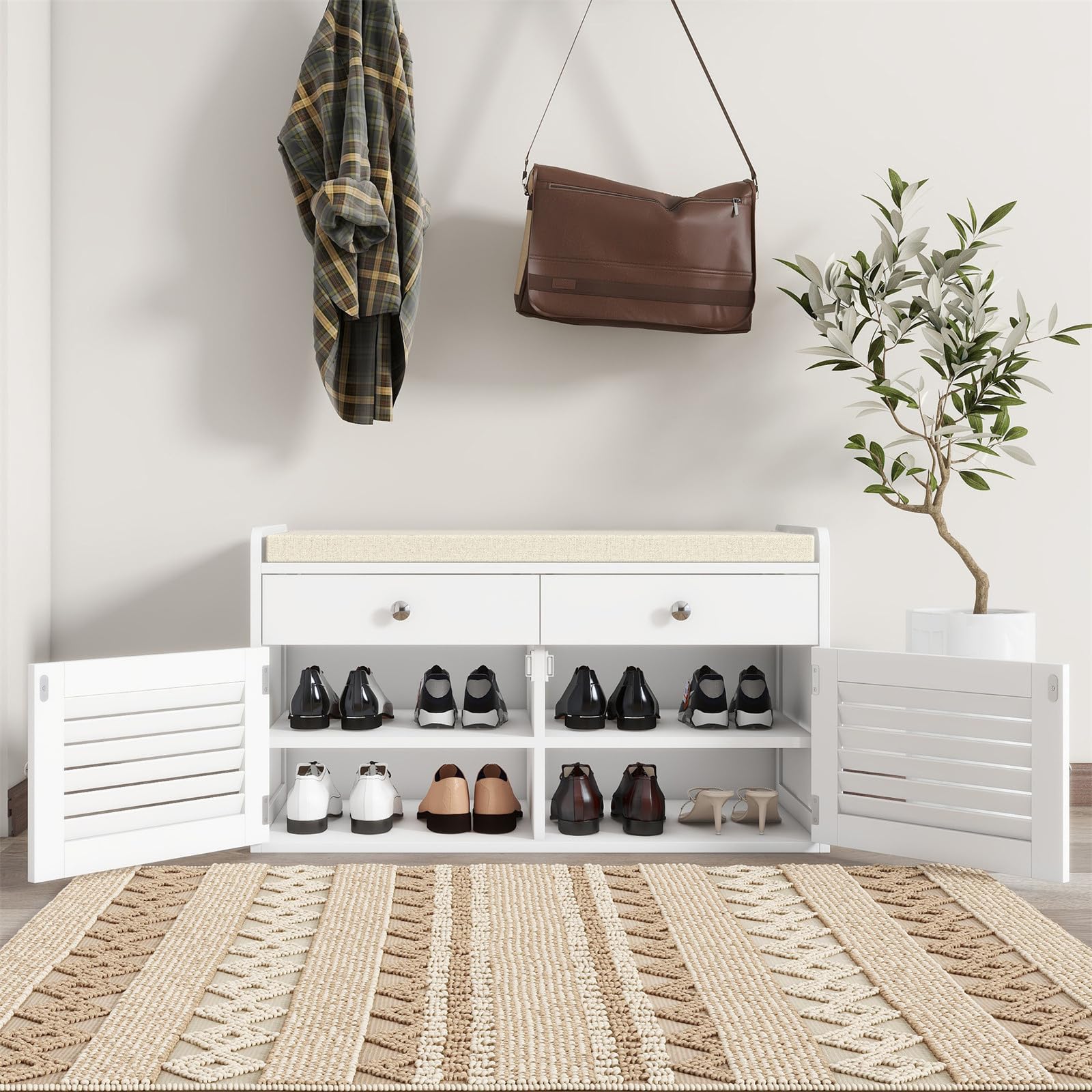 White Shoe Storage Bench with 2 Drawers & 2 Doors - Entryway Bench with Cushion & Adjustable Shelves - Multifunctional Shoe Cabinet for Entryway, Living Room, Hallway, Mudroom, Bedroom - Perfect for Organizing Shoes, Hats & Home Decor Items